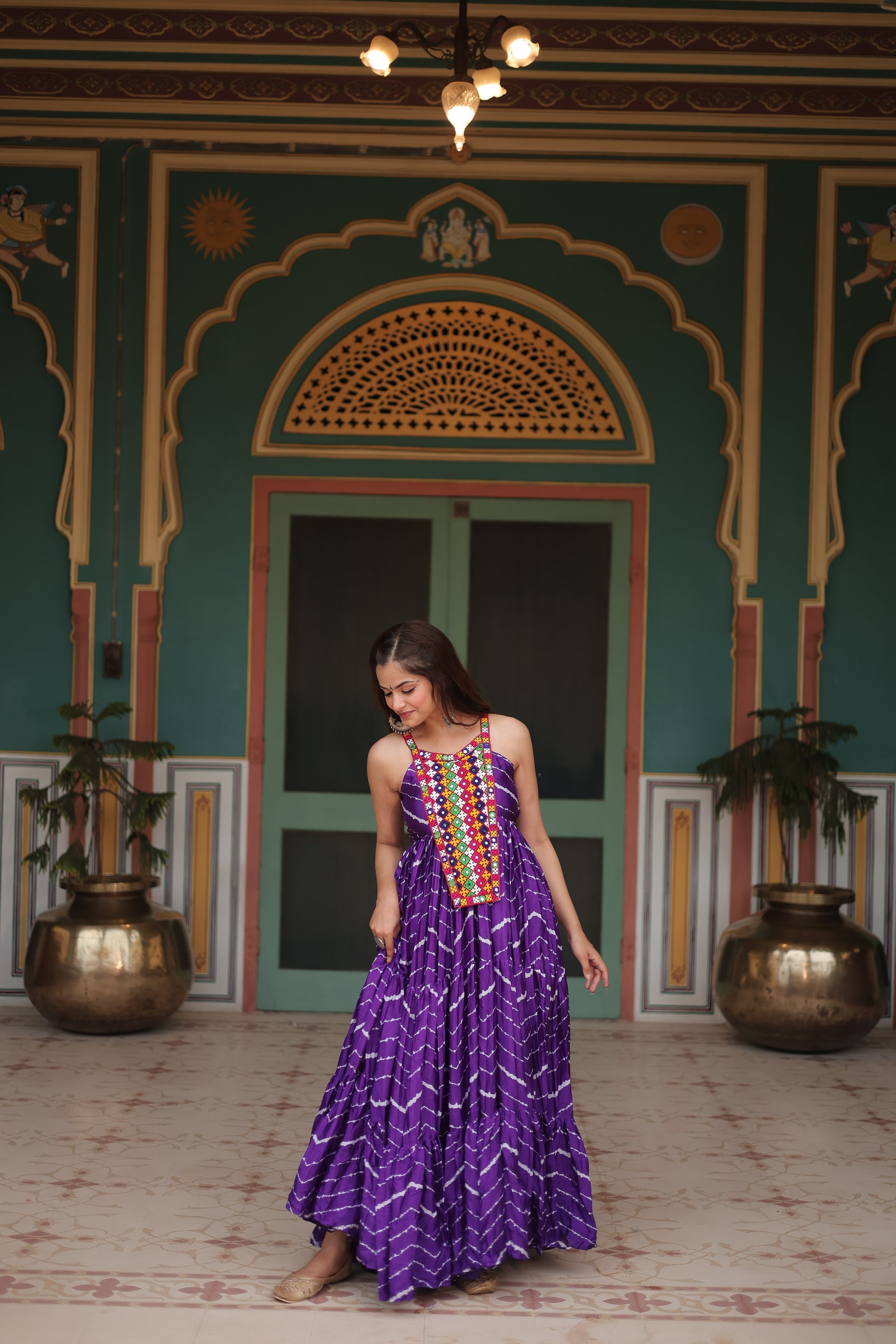 Purple leheriya print chinon Vandana designer sleeveless gown