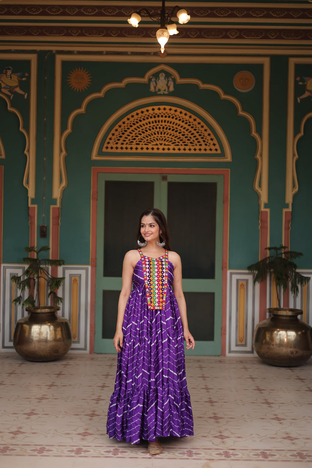 Purple leheriya print chinon Vandana designer sleeveless gown