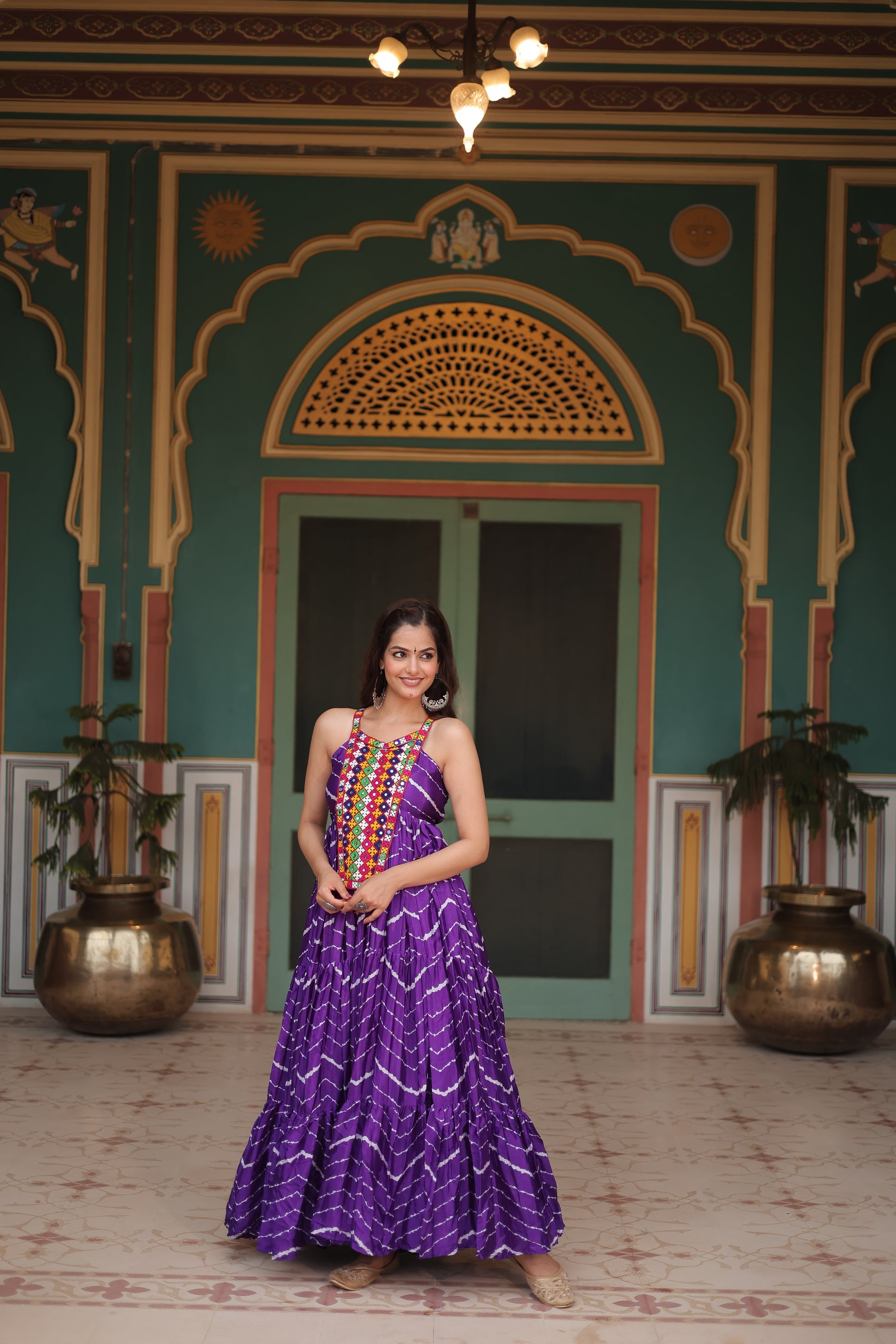 Purple leheriya print chinon Vandana designer sleeveless gown