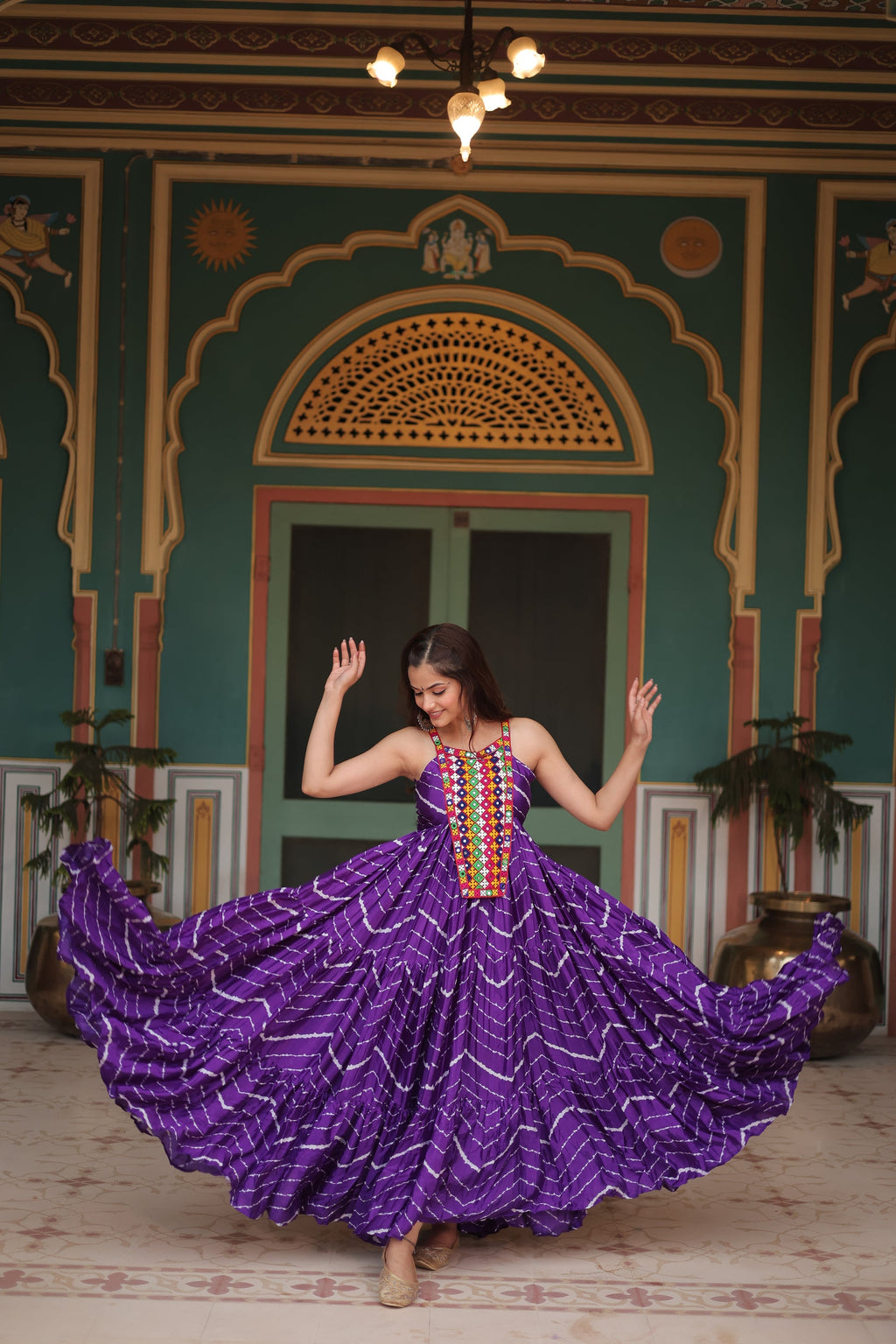 Purple leheriya print chinon Vandana designer sleeveless gown