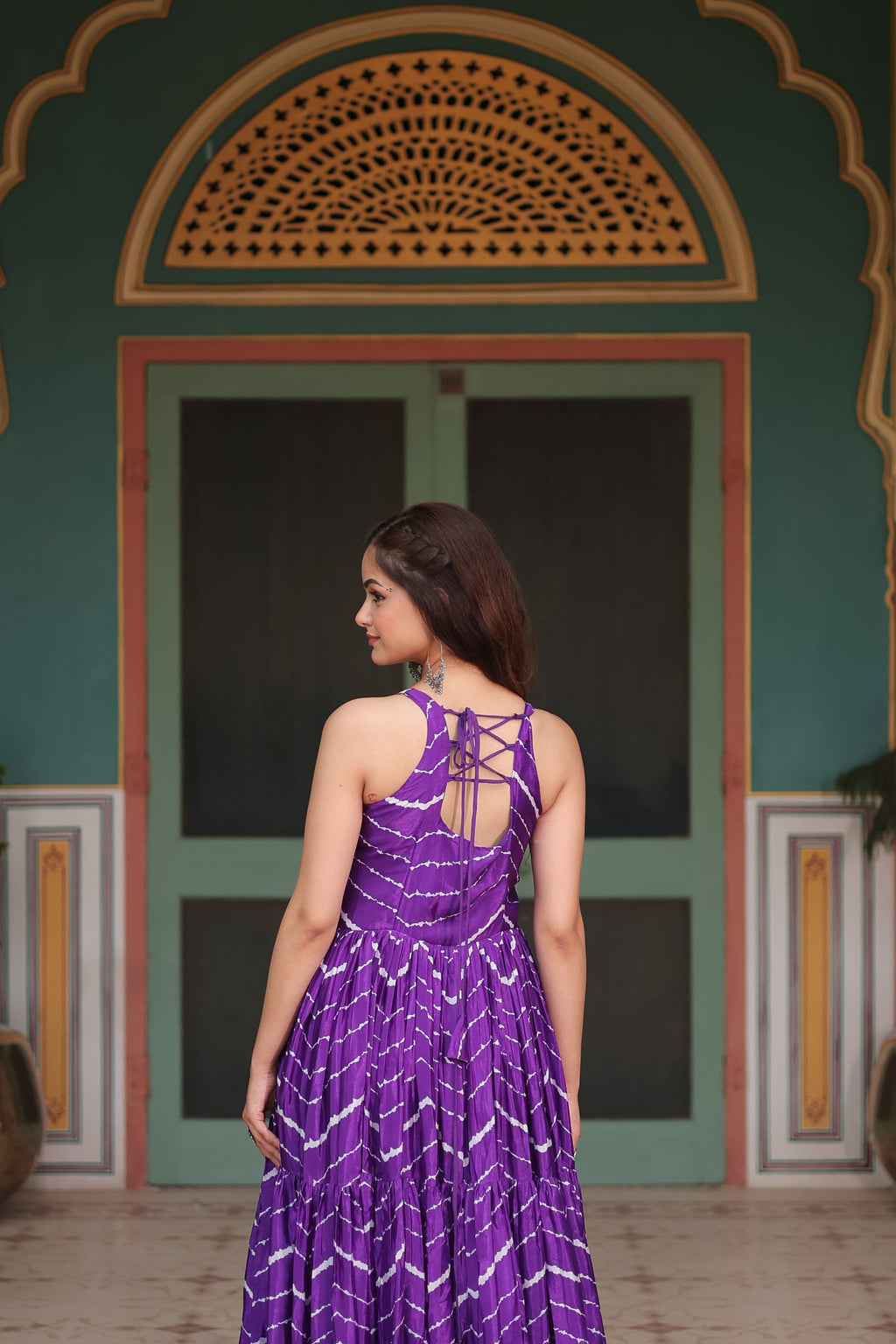 Purple leheriya print chinon Vandana designer sleeveless gown