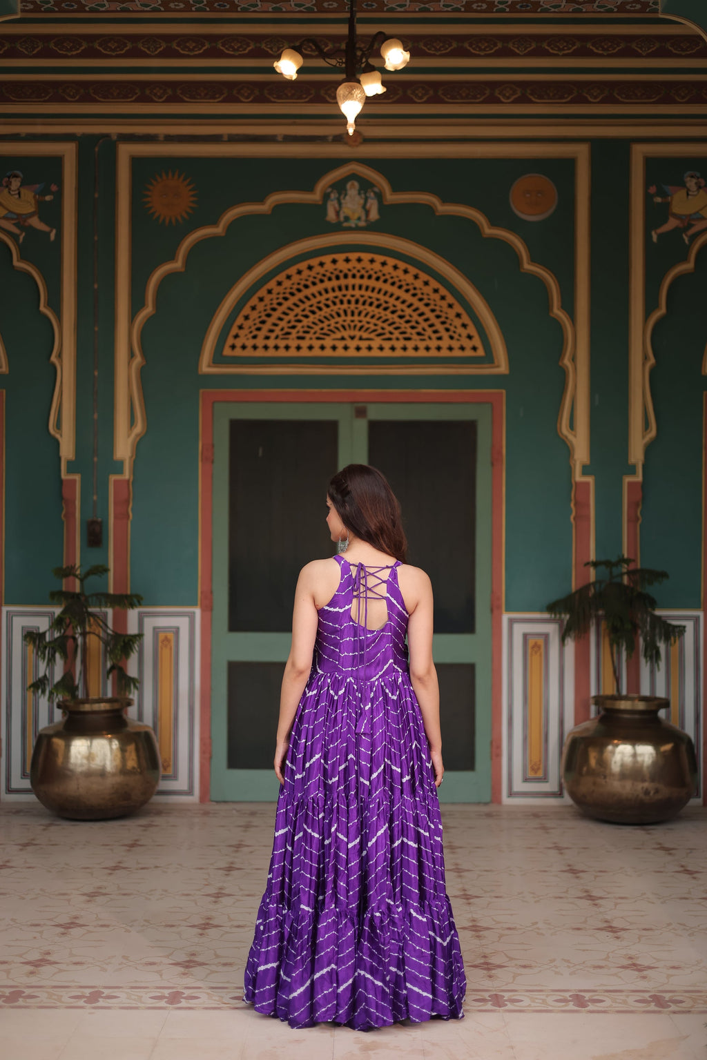 Purple leheriya print chinon Vandana designer sleeveless gown
