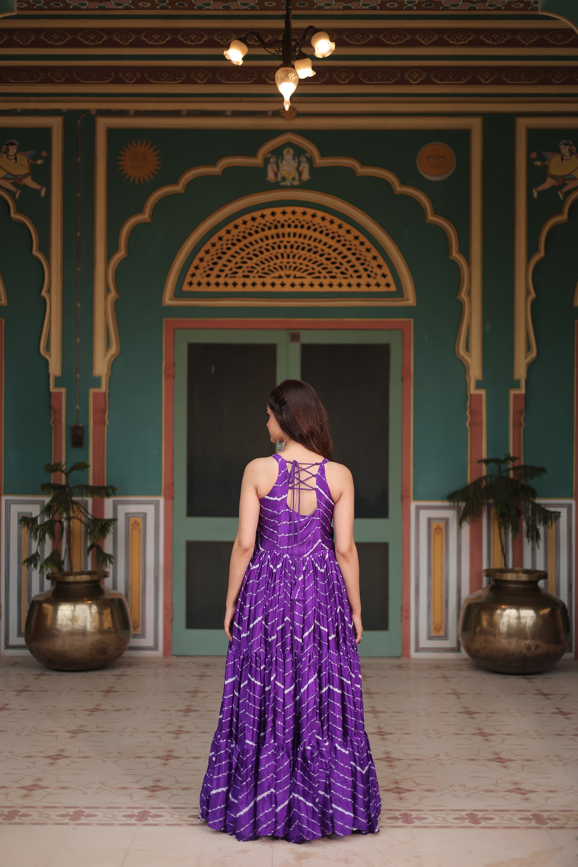 Purple leheriya print chinon Vandana designer sleeveless gown