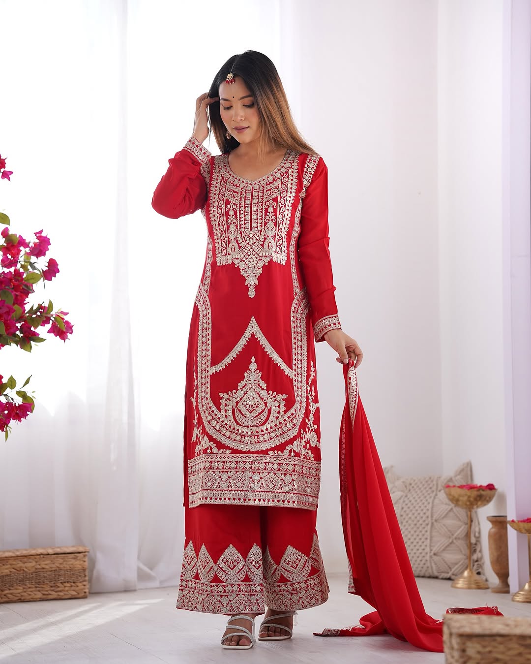  Red Vichitra silk kurti palazzo set with dupatta for women, embroidered kurta set for Diwali, wedding wear kurta palazzo for festive occasions, Indian ethnic wear for women, party wear kurti palazzo with dupatta, red kurti set for Haldi and Mehendi functions, sequin embroidered Vichitra silk kurti set, traditional Indian outfit for festivals.