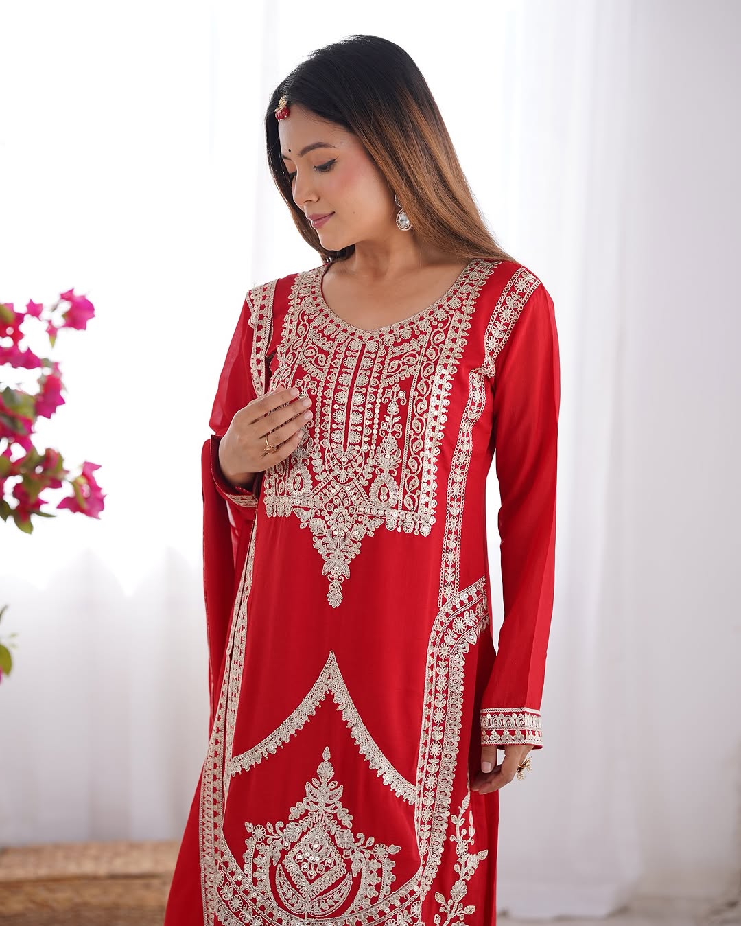 Varnisha Silk Red Kurti Plazzo Set