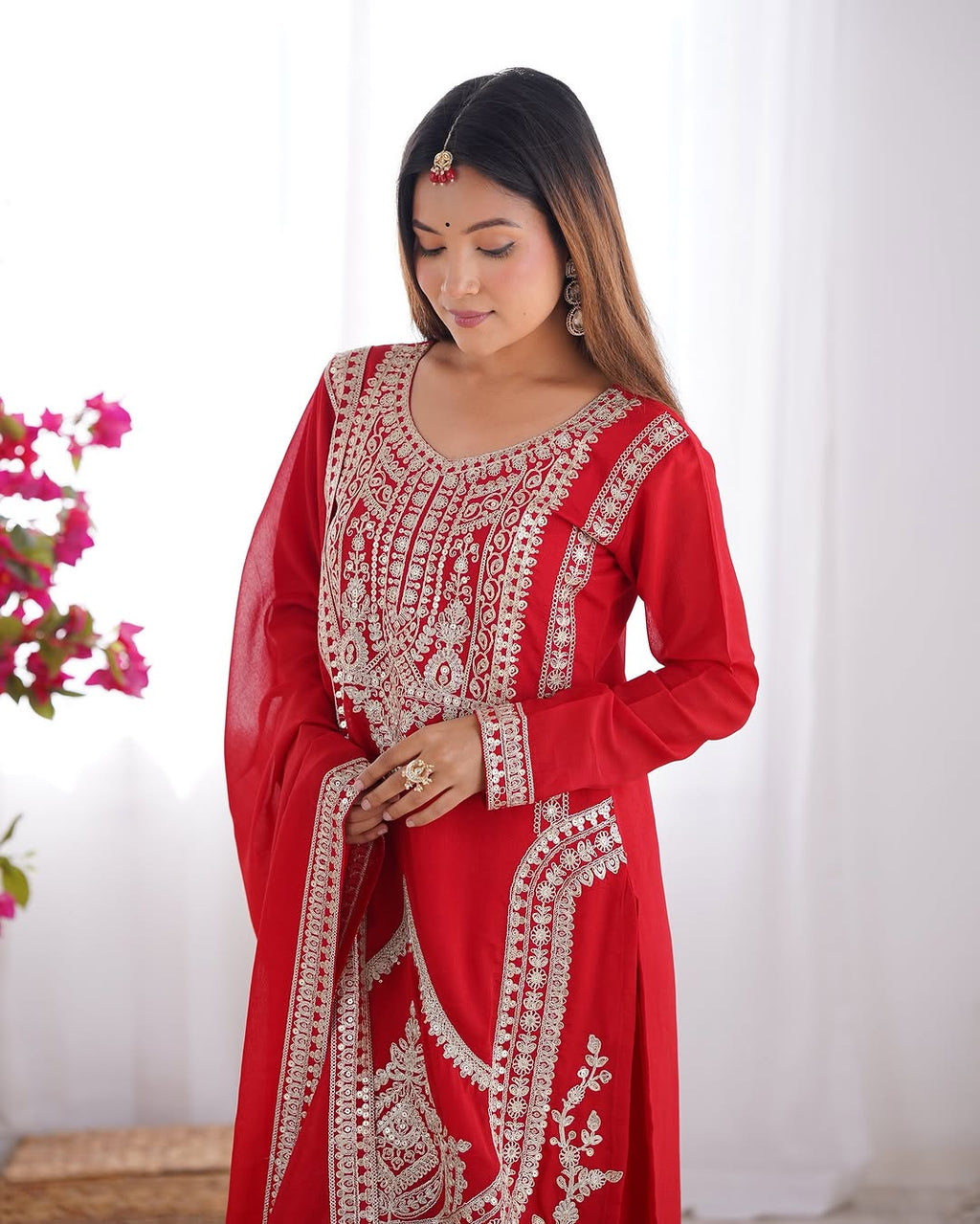 Varnisha Silk Red Kurti Plazzo Set