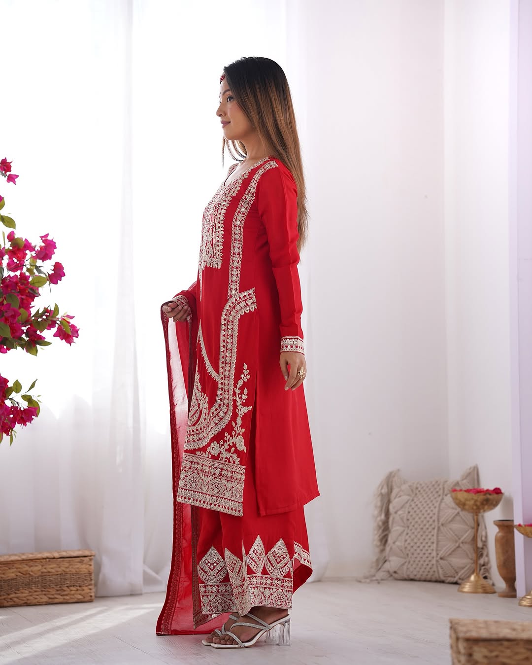 Varnisha Silk Red Kurti Plazzo Set