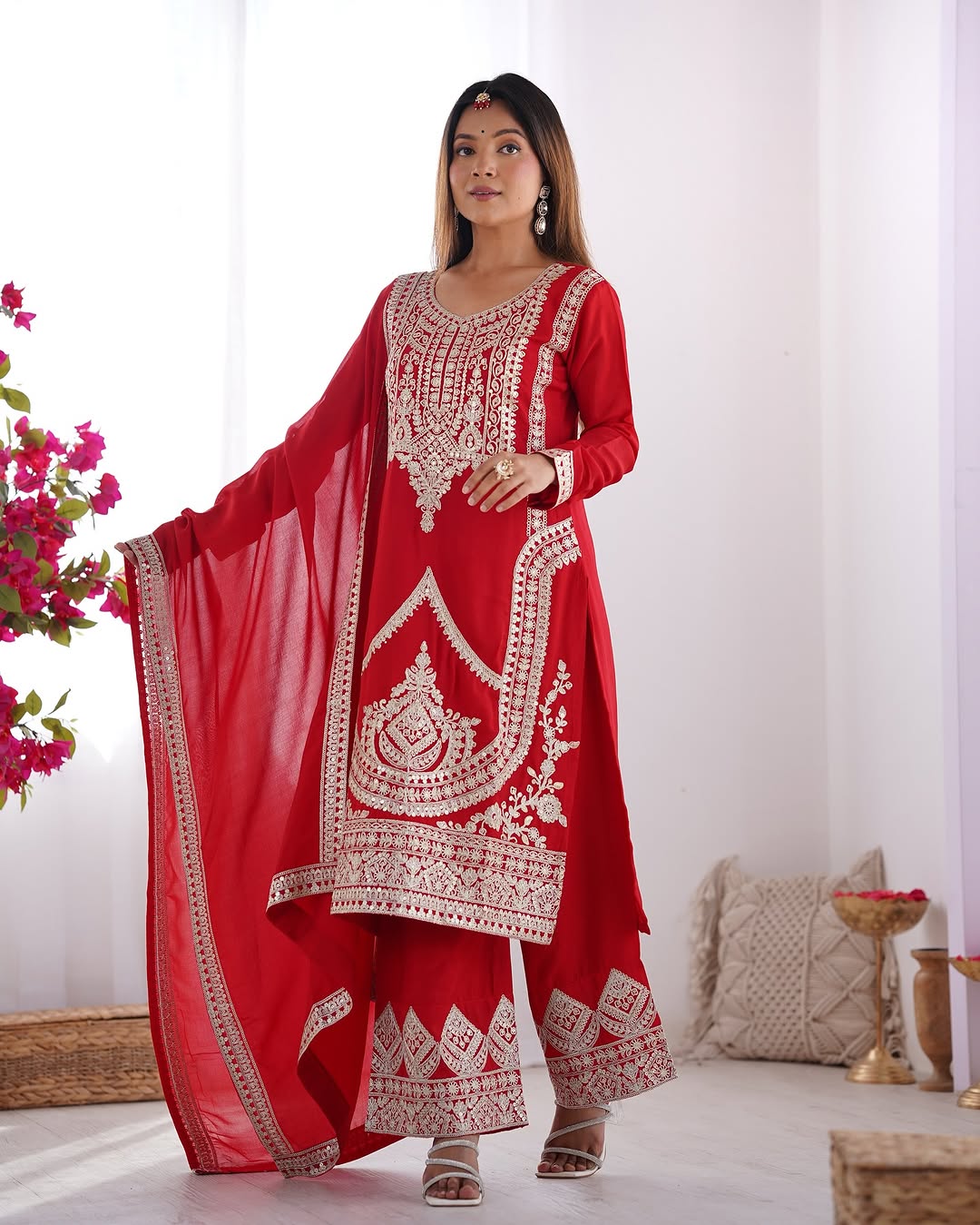  Red Vichitra silk kurti palazzo set with dupatta for women, embroidered kurta set for Diwali, wedding wear kurta palazzo for festive occasions, Indian ethnic wear for women, party wear kurti palazzo with dupatta, red kurti set for Haldi and Mehendi functions, sequin embroidered Vichitra silk kurti set, traditional Indian outfit for festivals.