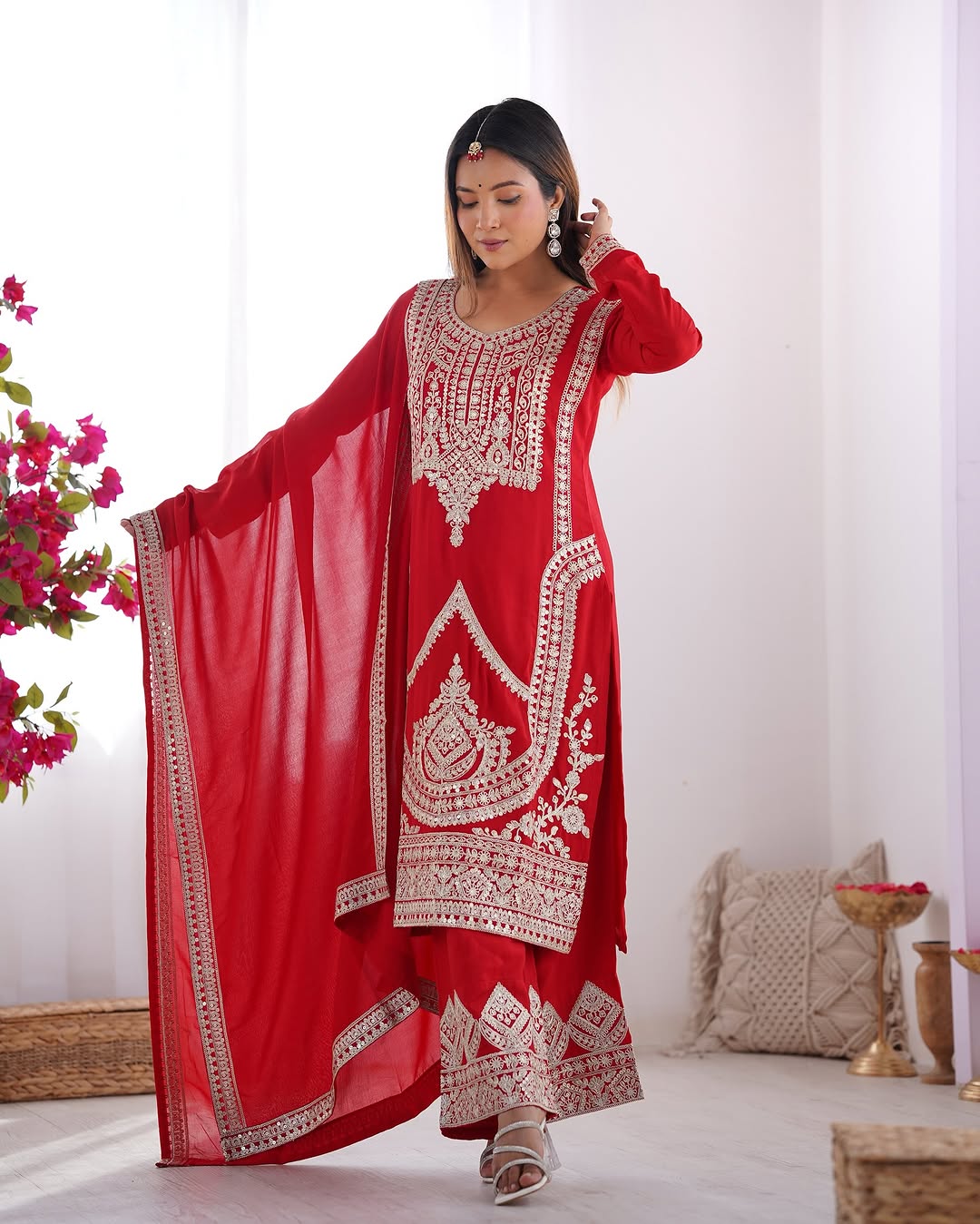  Red Vichitra silk kurti palazzo set with dupatta for women, embroidered kurta set for Diwali, wedding wear kurta palazzo for festive occasions, Indian ethnic wear for women, party wear kurti palazzo with dupatta, red kurti set for Haldi and Mehendi functions, sequin embroidered Vichitra silk kurti set, traditional Indian outfit for festivals.