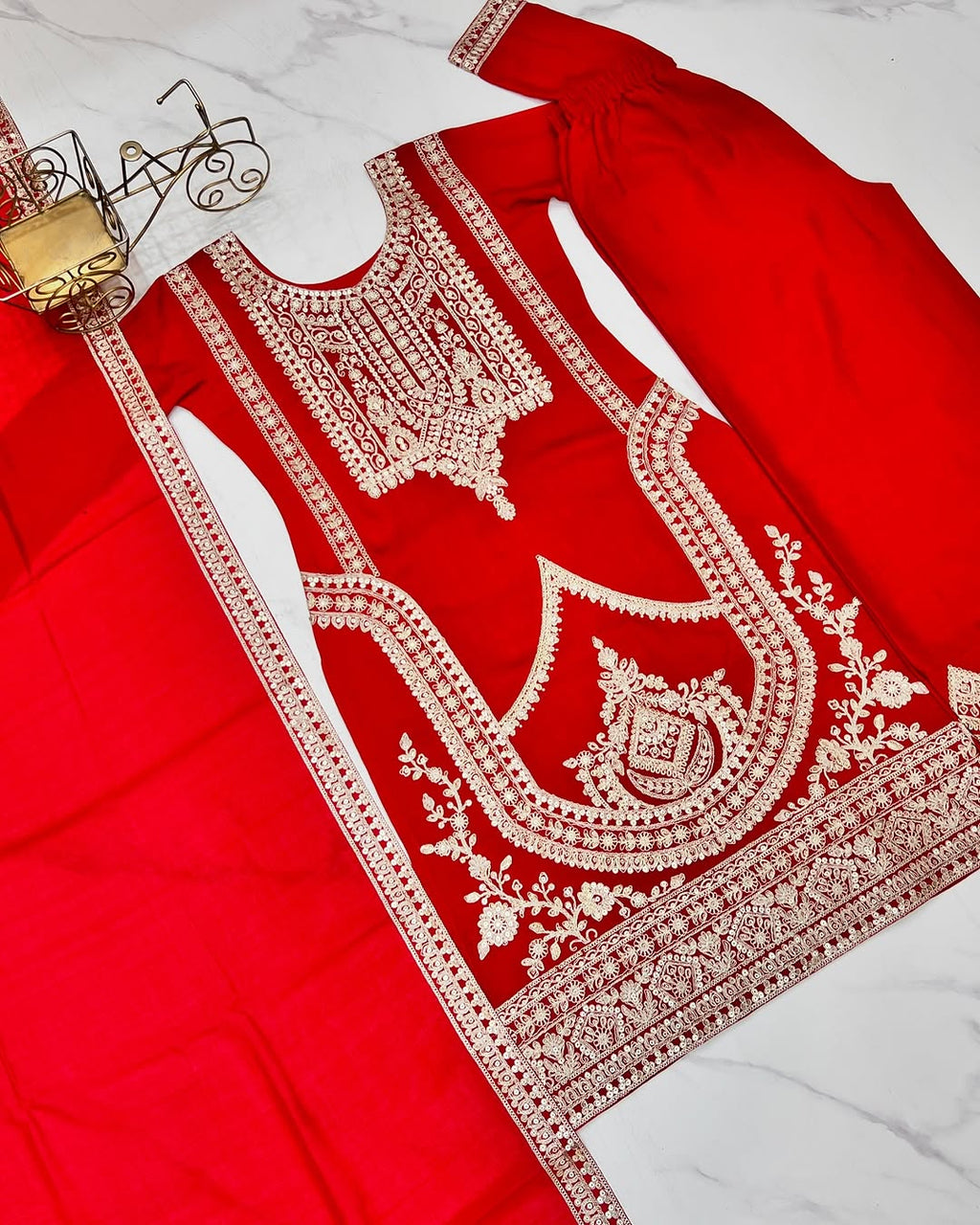 Varnisha Silk Red Kurti Plazzo Set