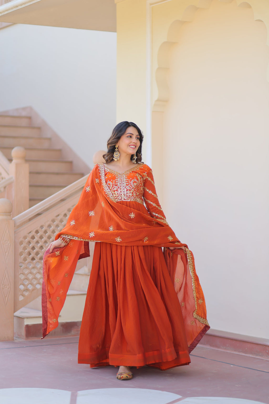 Varnita Orange Fendy Silk Embroidered Gown