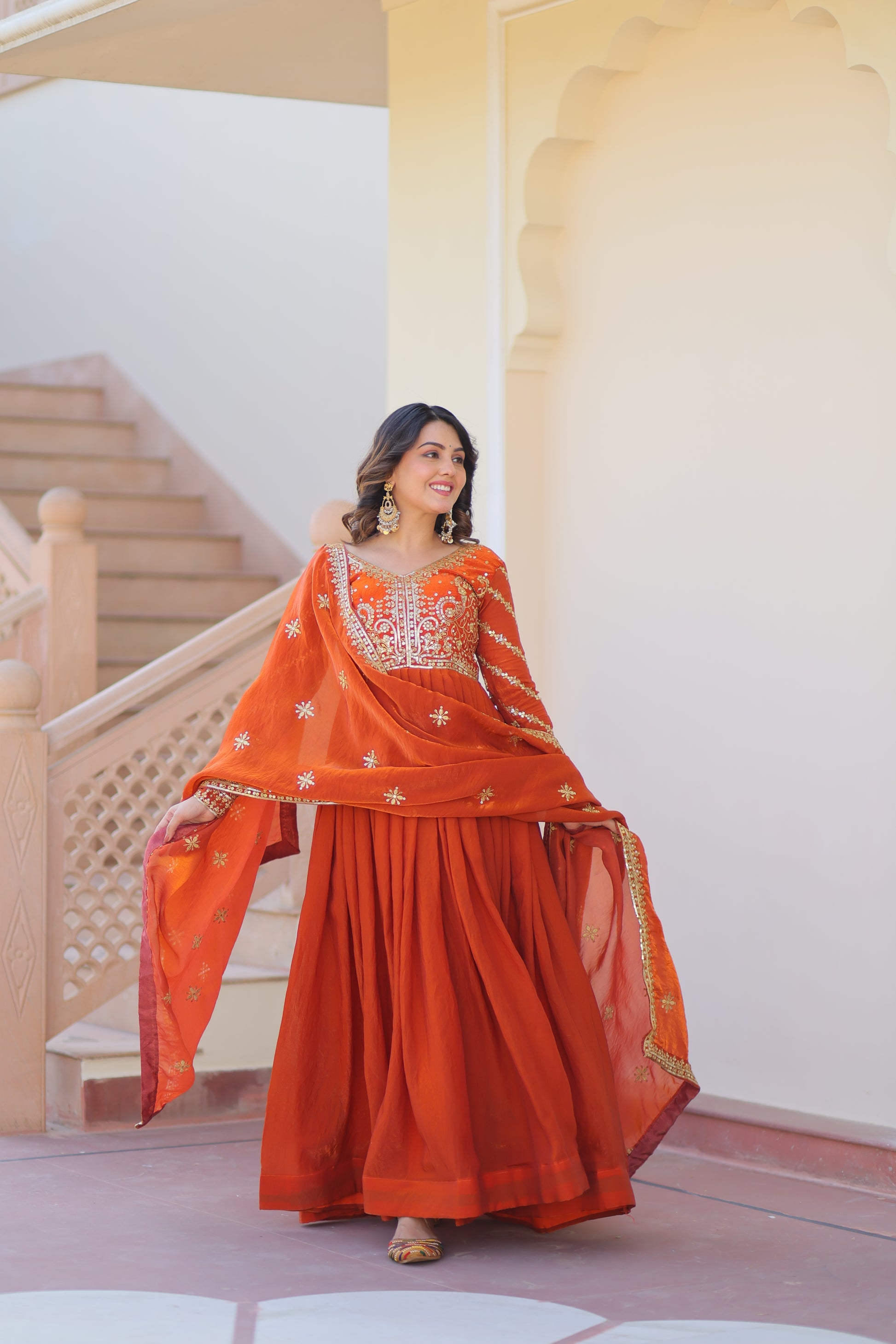 Varnita Orange Fendy Silk Embroidered Gown