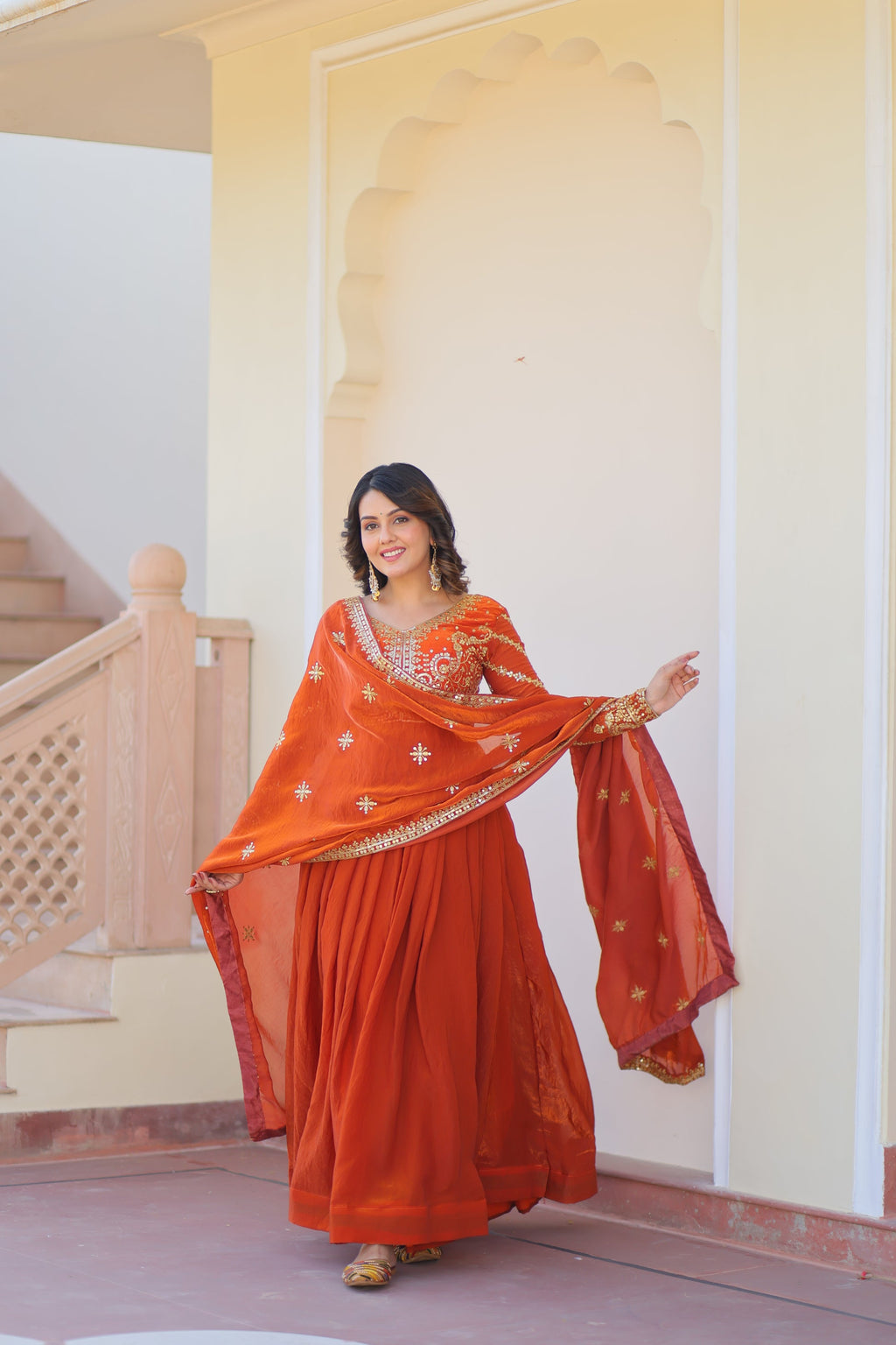 Varnita Orange Fendy Silk Embroidered Gown