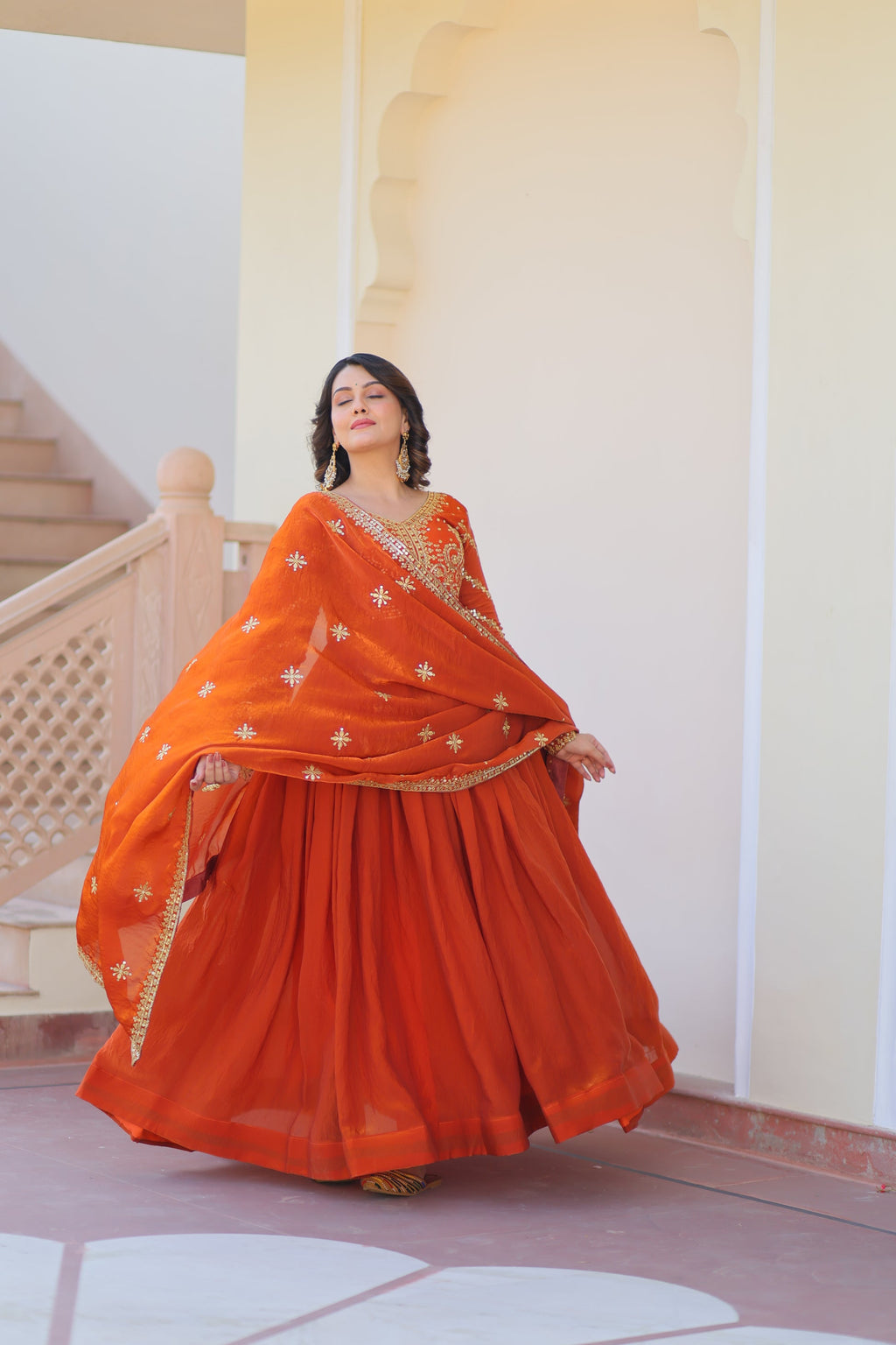 Varnita Orange Fendy Silk Embroidered Gown