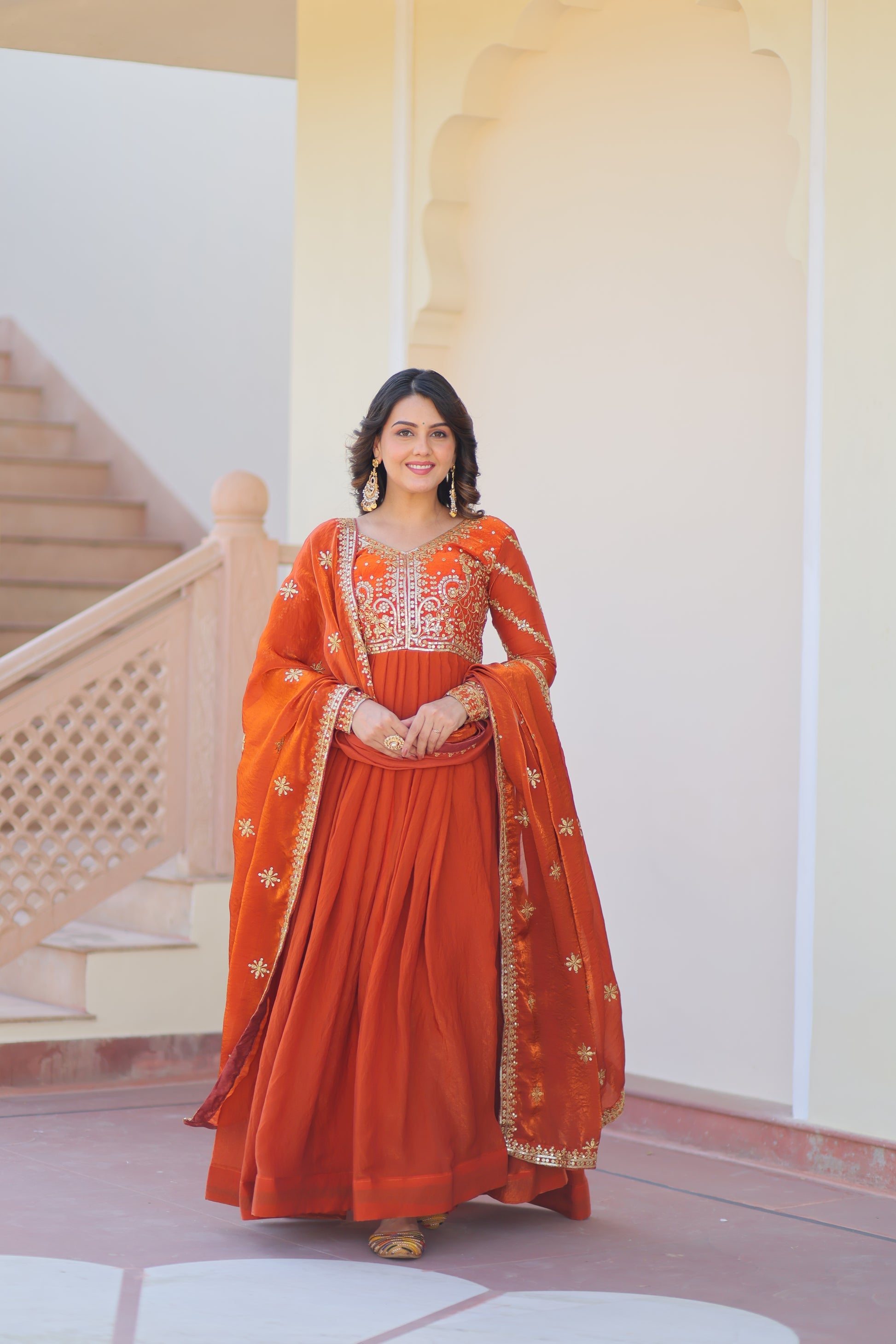 Varnita Orange Fendy Silk Embroidered Gown