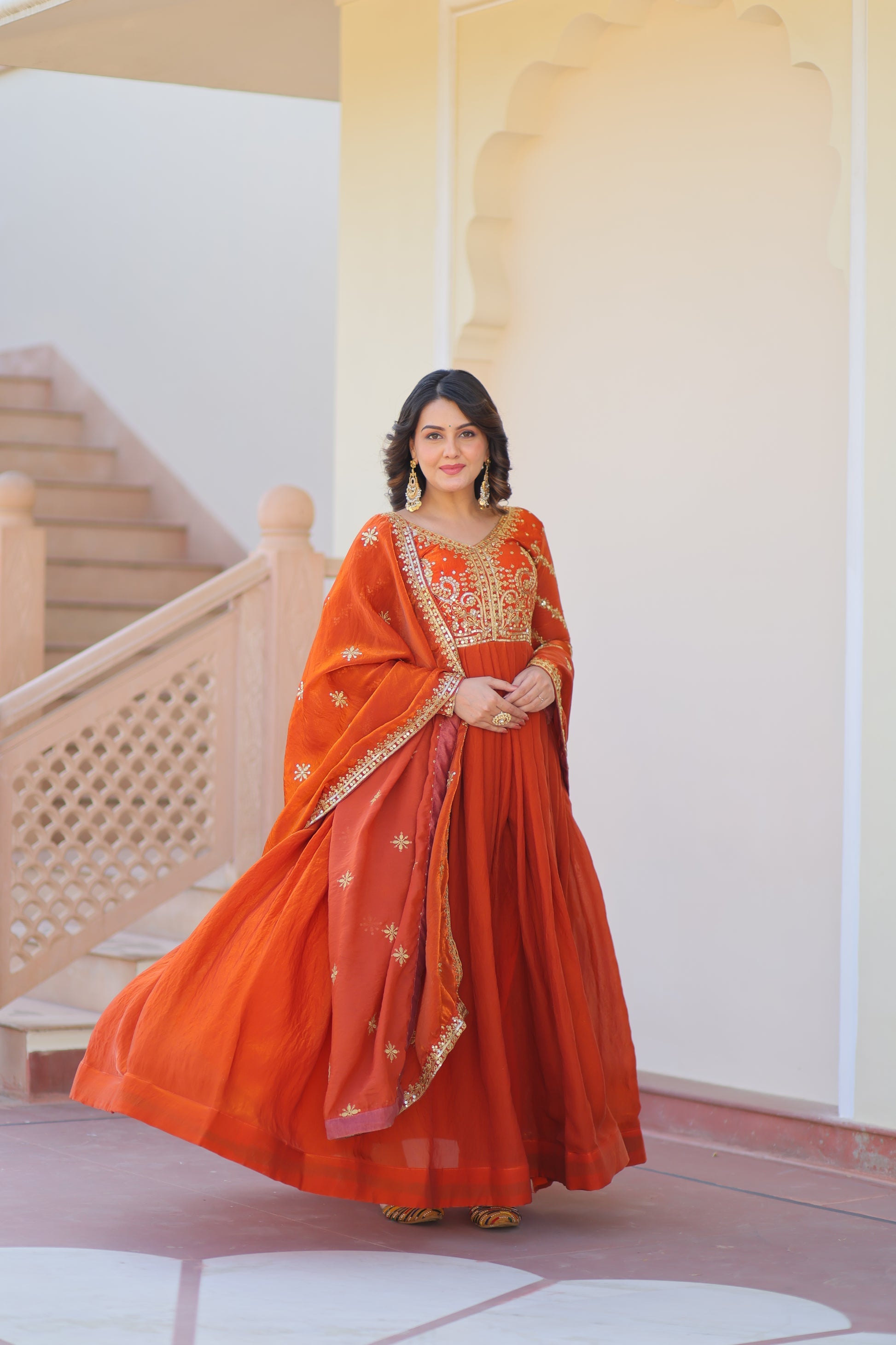 Varnita Orange Fendy Silk Embroidered Gown