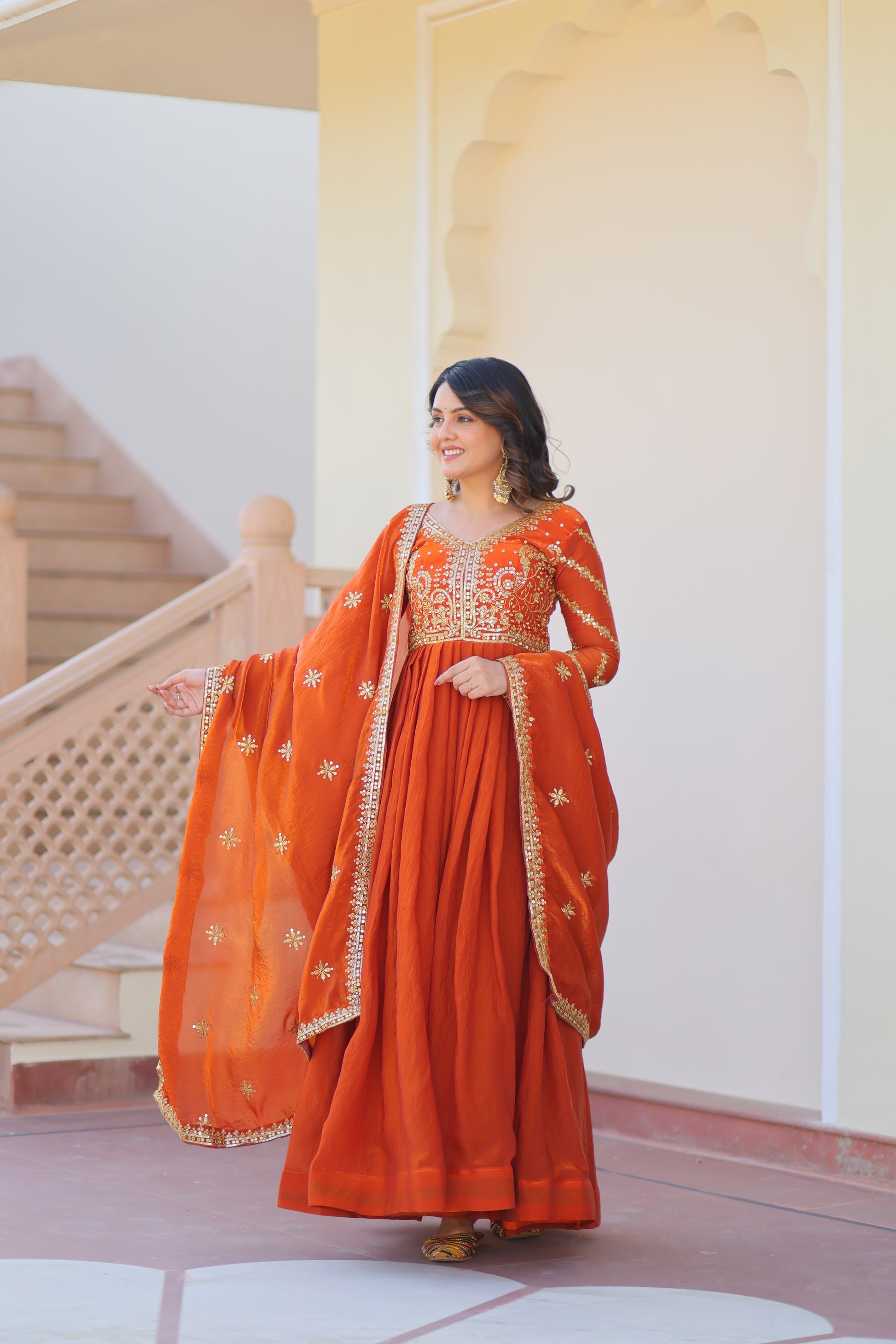 Varnita Orange Fendy Silk Embroidered Gown