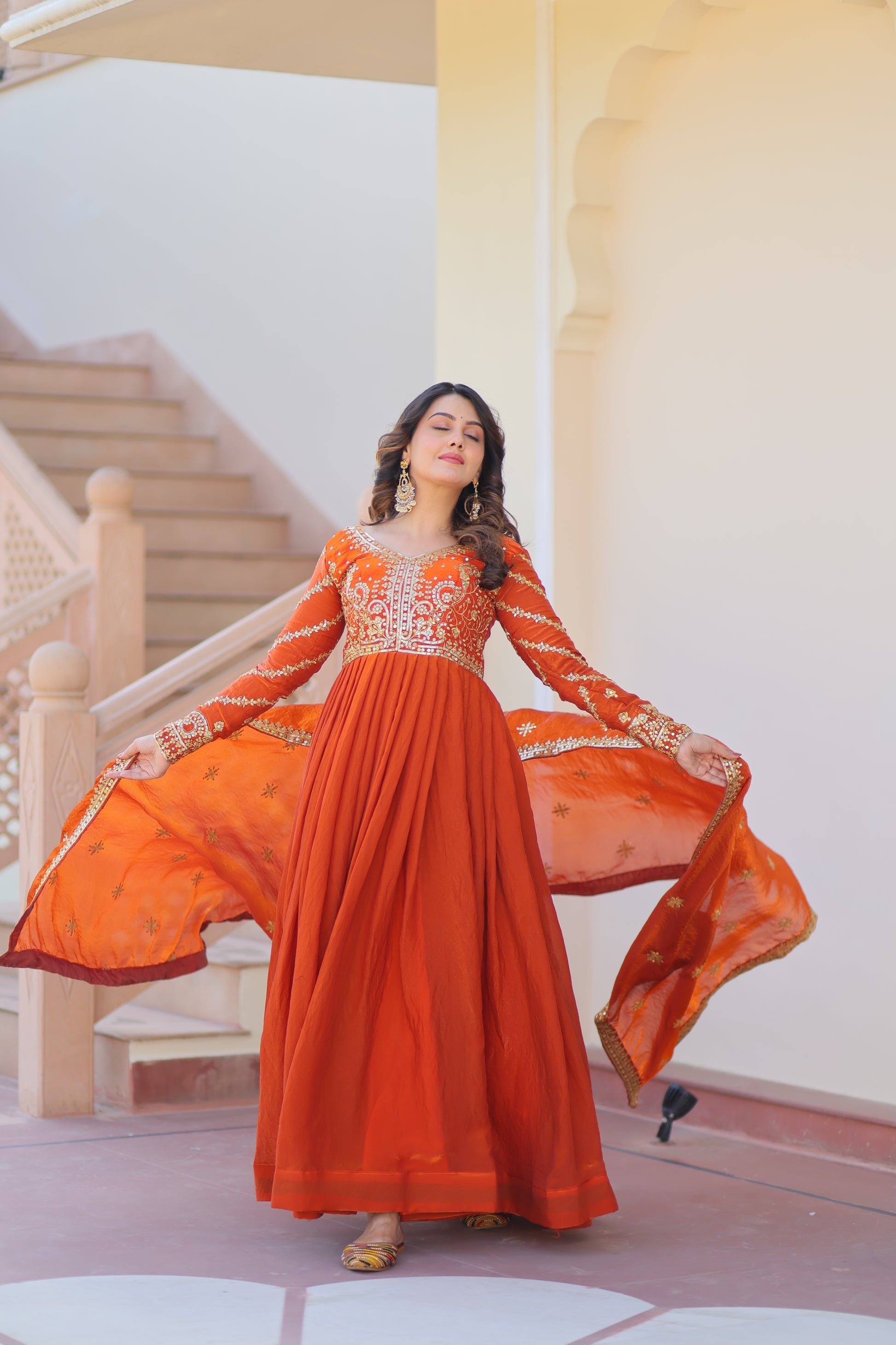 Varnita Orange Fendy Silk Embroidered Gown