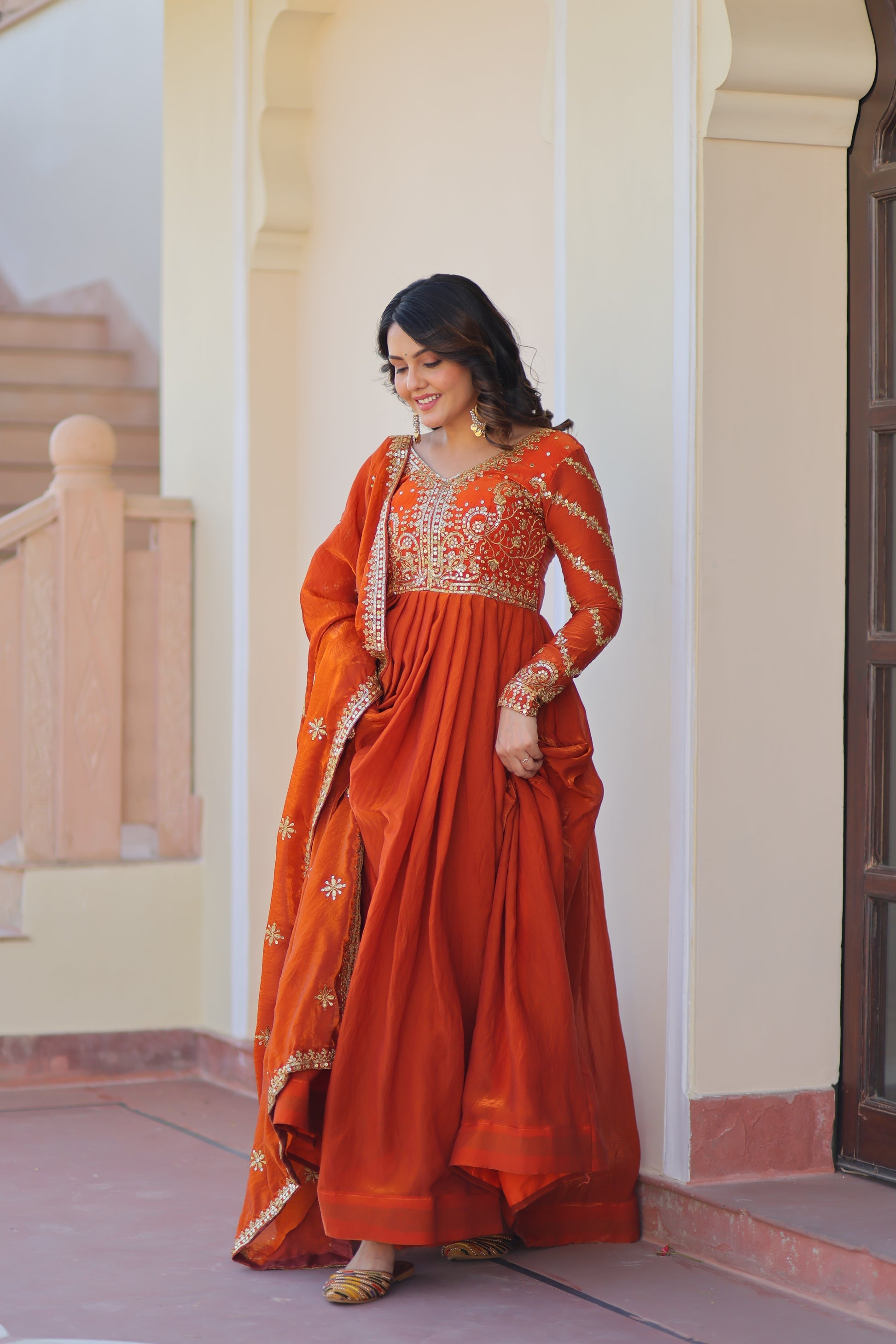 Varnita Orange Fendy Silk Embroidered Gown