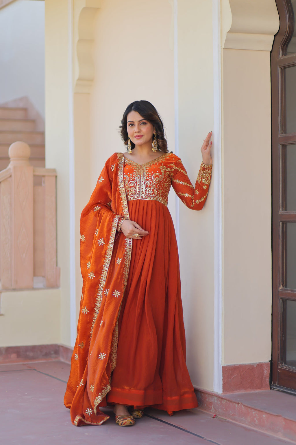 Varnita Orange Fendy Silk Embroidered Gown