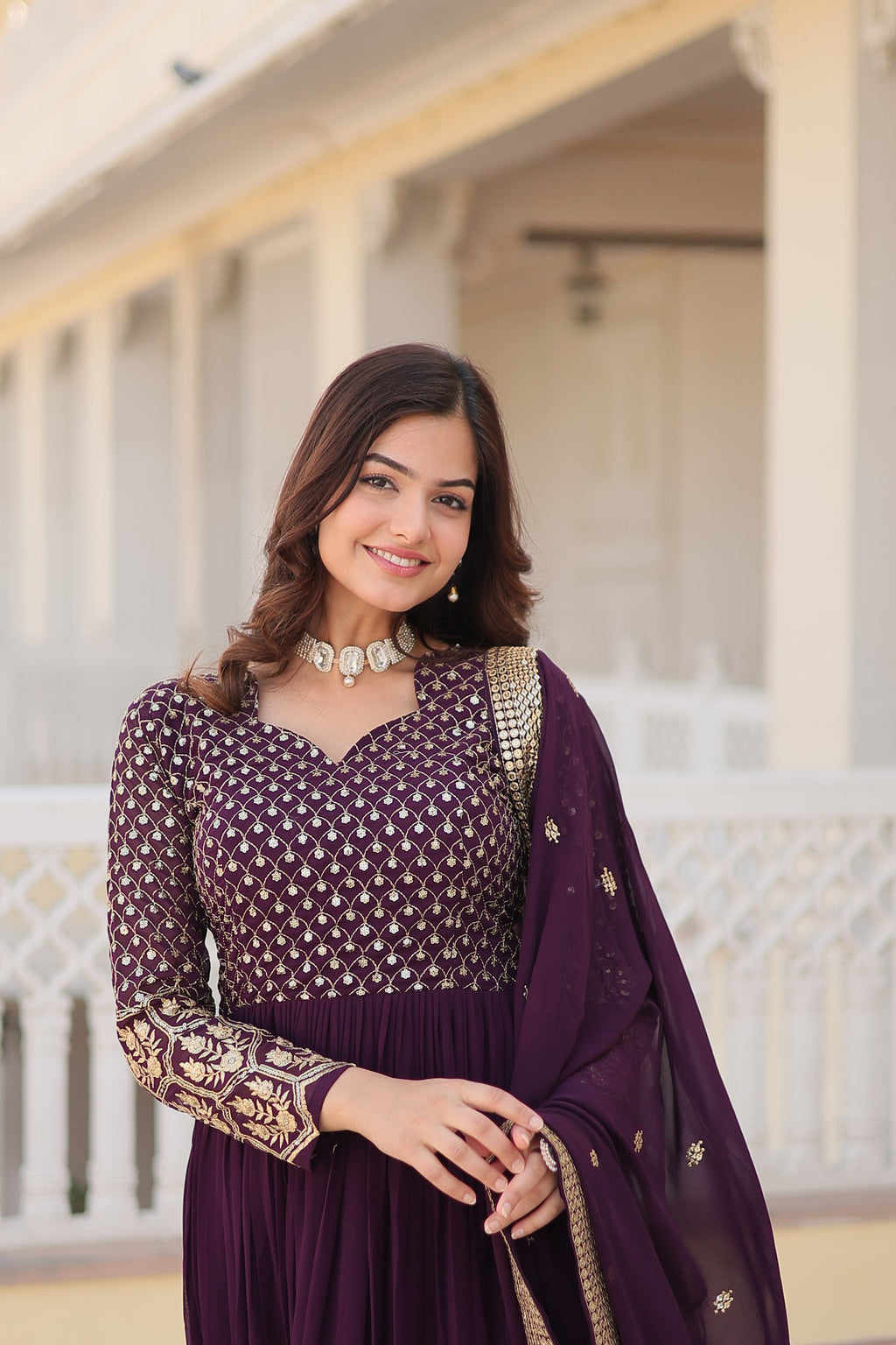 Vastavi purple georgette embroidered Anarkali gown set