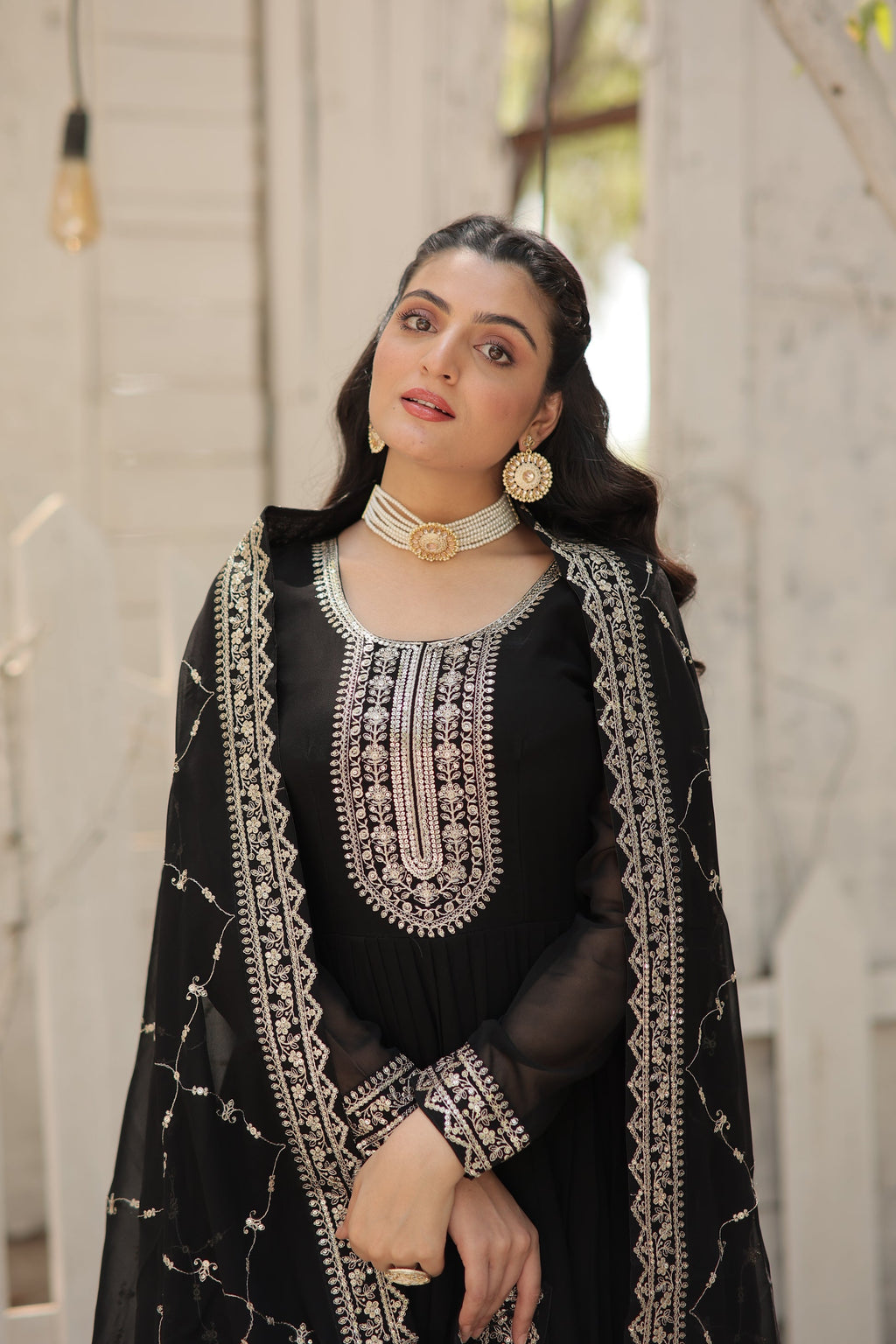 Vasundhara black faux blooming Anarkali gown suit set