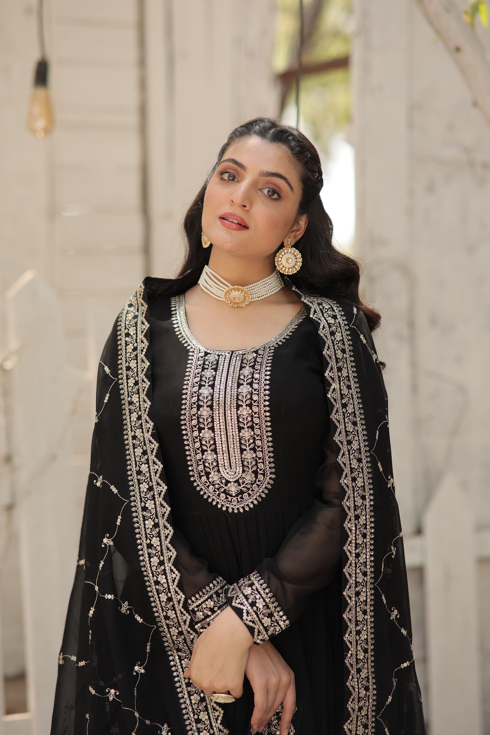 Vasundhara black faux blooming Anarkali gown suit set