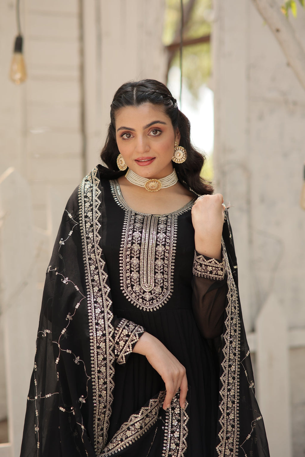 Vasundhara black faux blooming Anarkali gown suit set