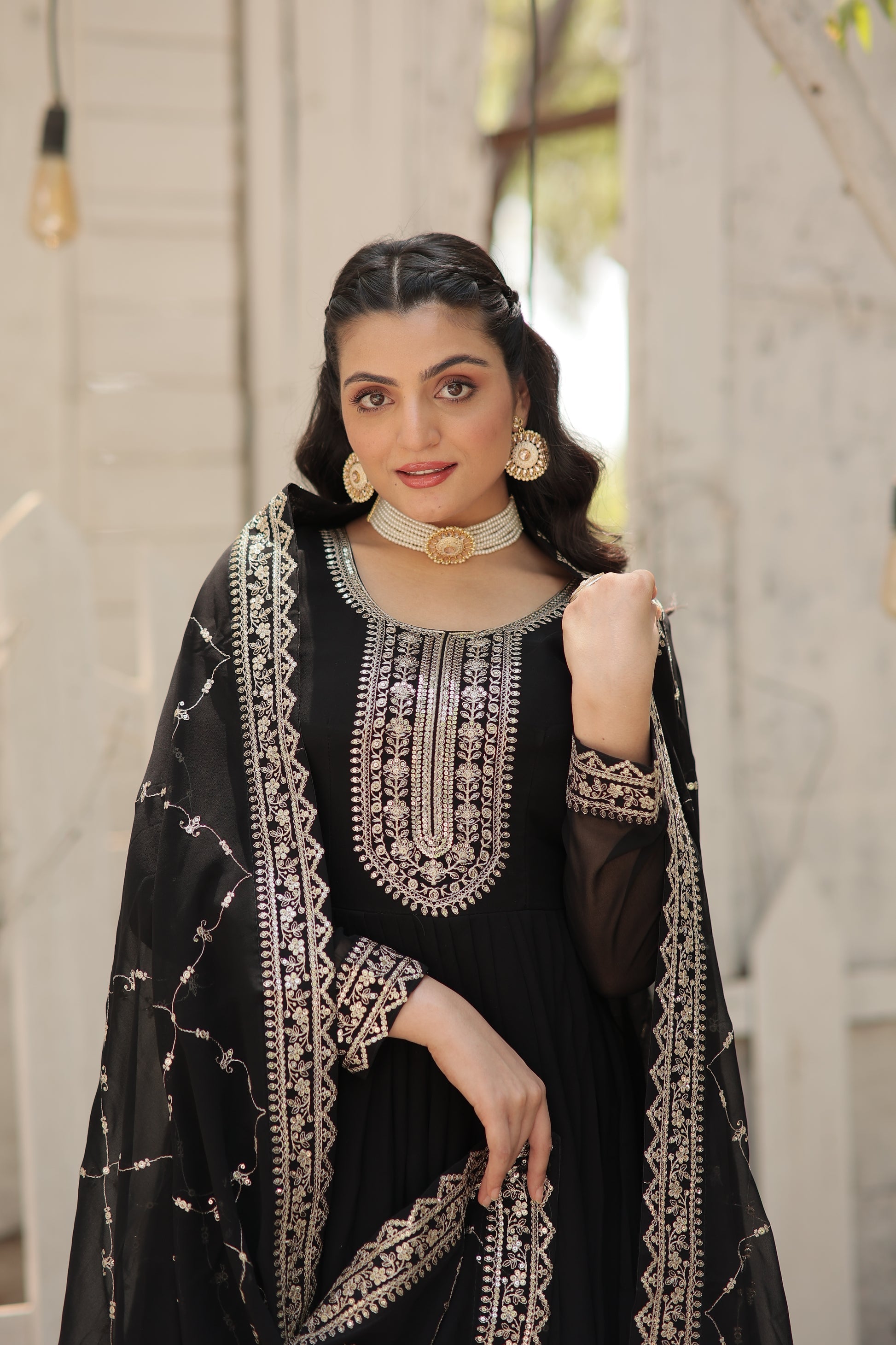 Vasundhara black faux blooming Anarkali gown suit set