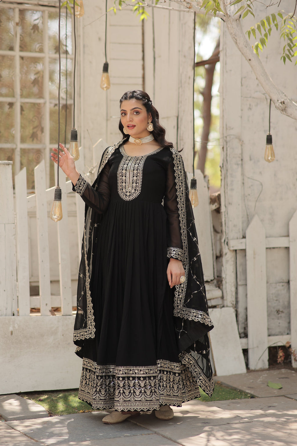 Vasundhara black faux blooming Anarkali gown suit set