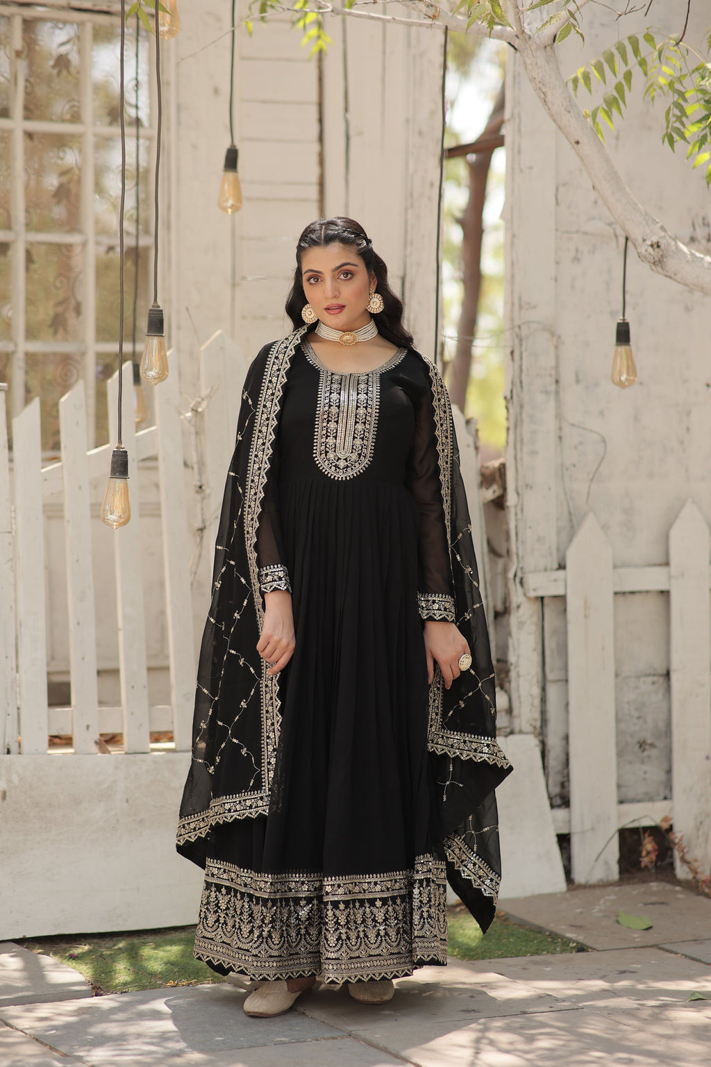 Vasundhara black faux blooming Anarkali gown suit set