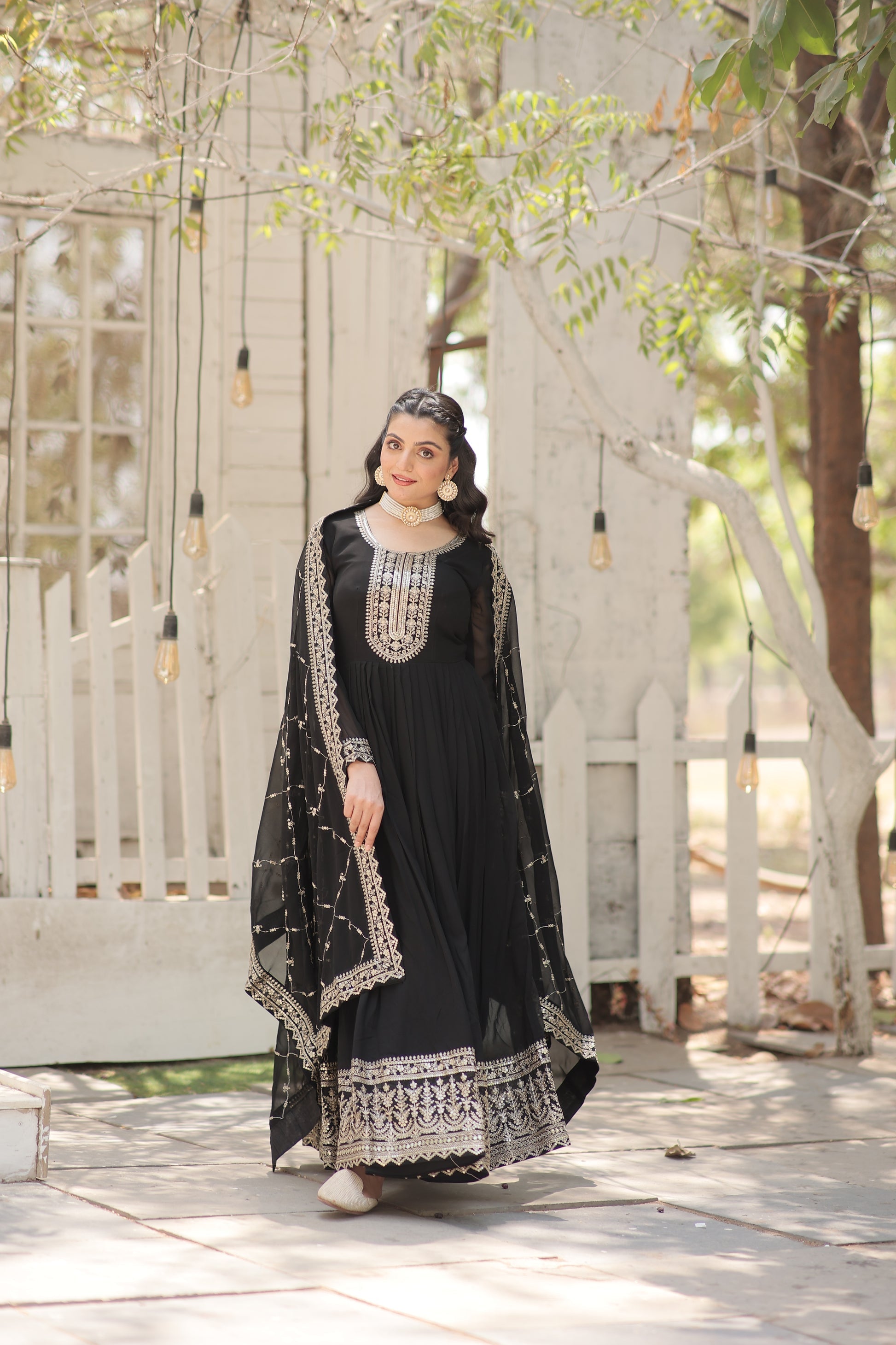 Vasundhara black faux blooming Anarkali gown suit set
