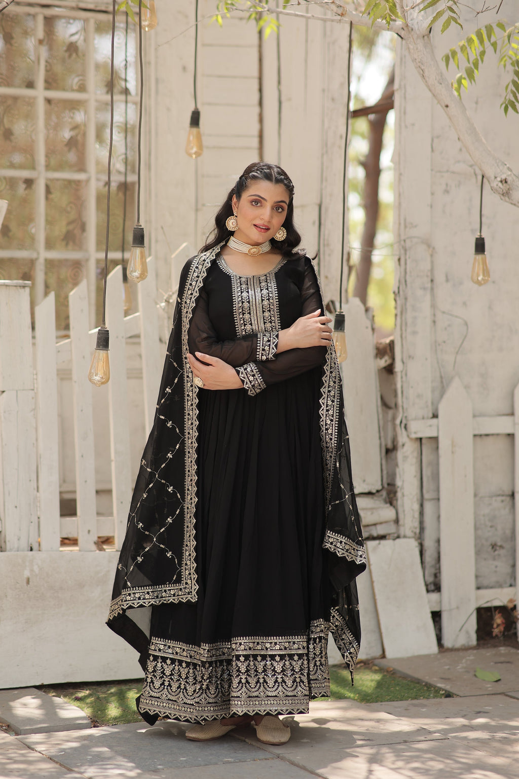 Vasundhara black faux blooming Anarkali gown suit set