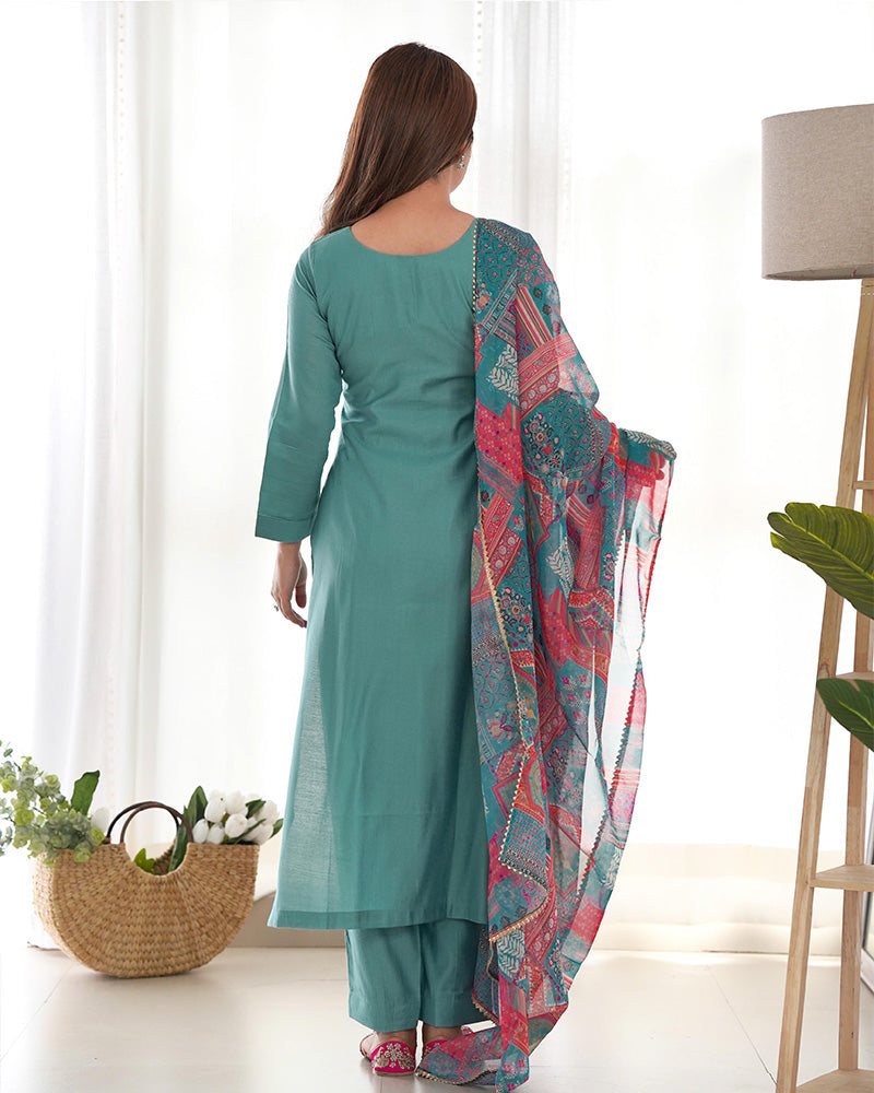 Vedanya Teal Viscose Straight Kurti Set