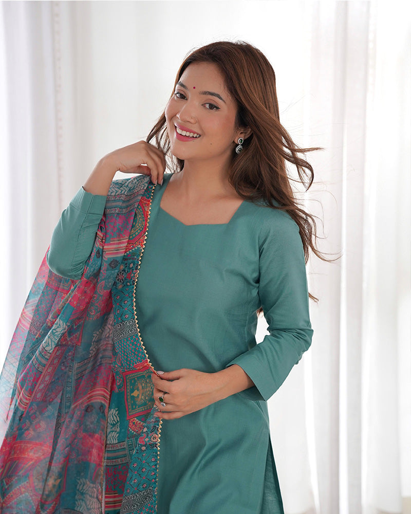 Vedanya Teal Viscose Straight Kurti Set