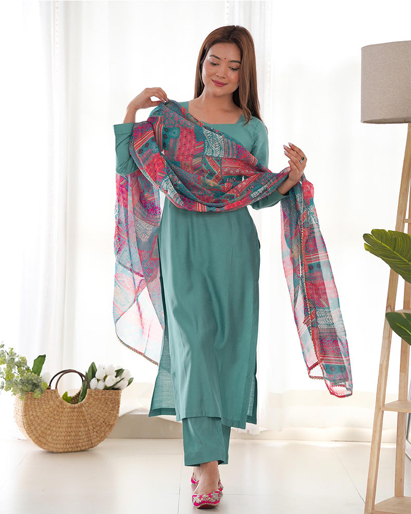 Vedanya Teal Viscose Straight Kurti Set