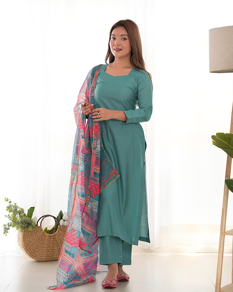 Vedanya Teal Viscose Straight Kurti Set