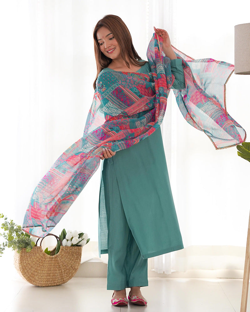 Vedanya Teal Viscose Straight Kurti Set