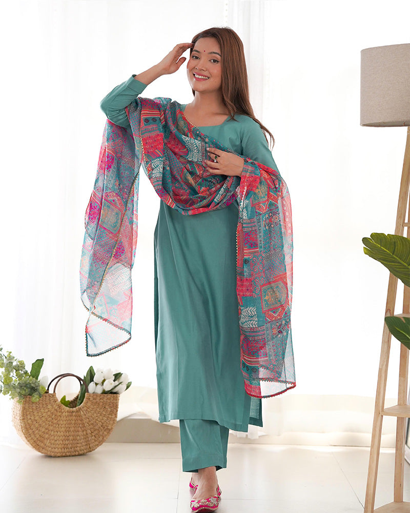 Vedanya Teal Viscose Straight Kurti Set
