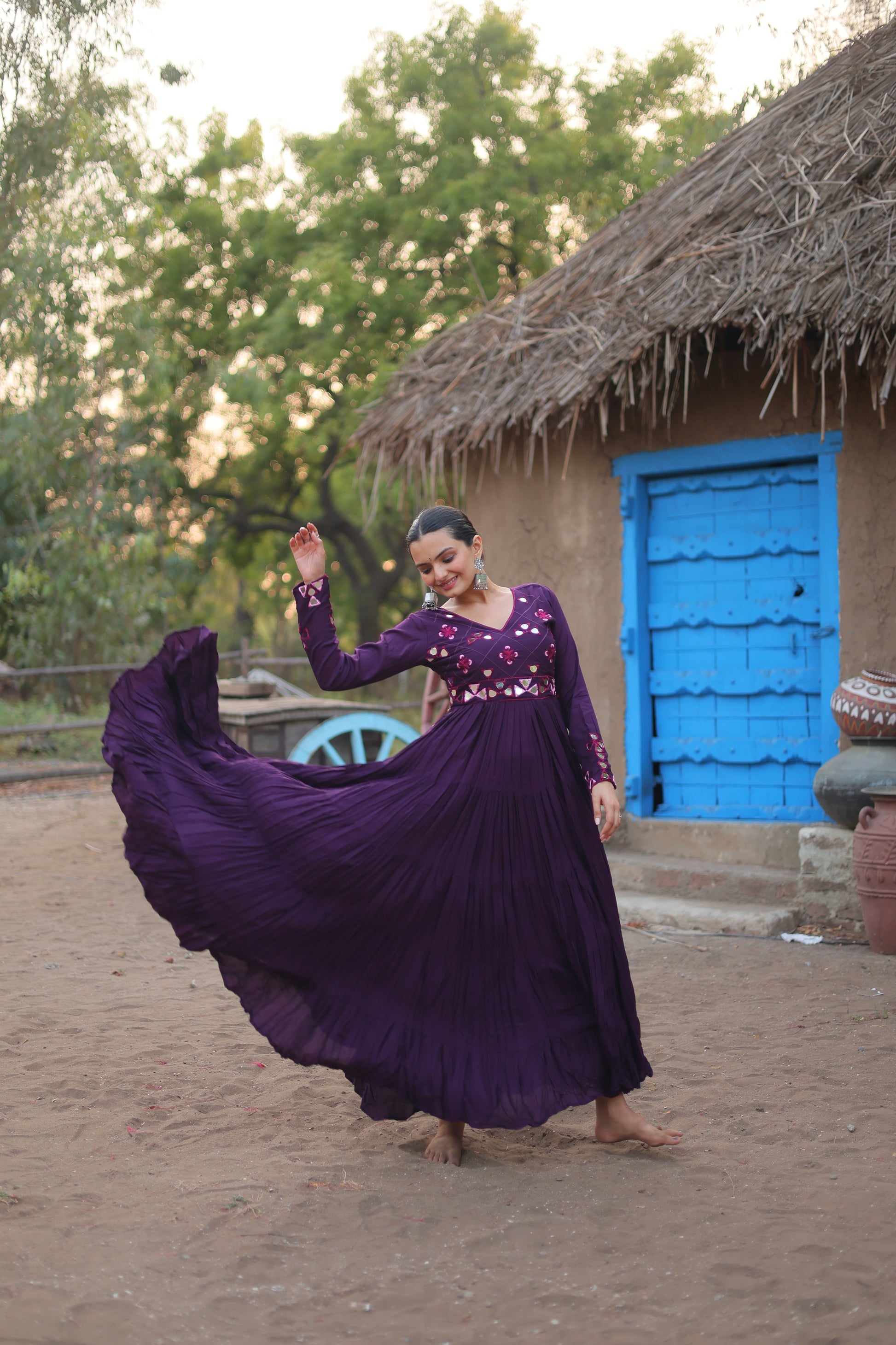 Purple rayon mirror embroidered Vidhi designer Anarkali gown