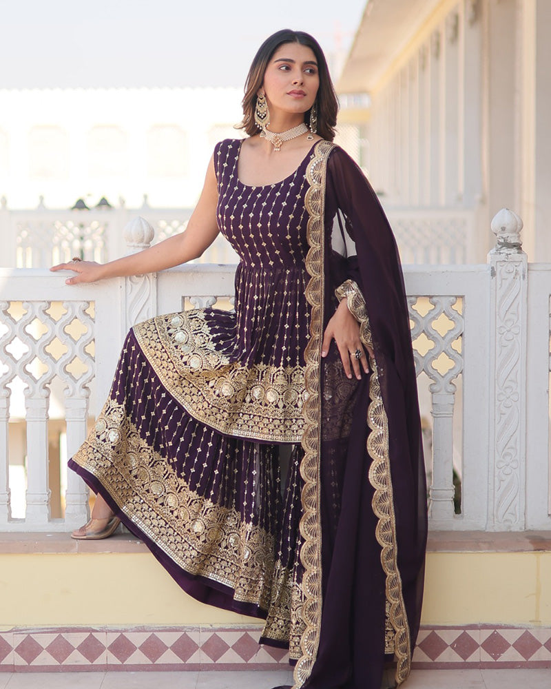Prithvi Purple Georgette Kurti Sharara Set