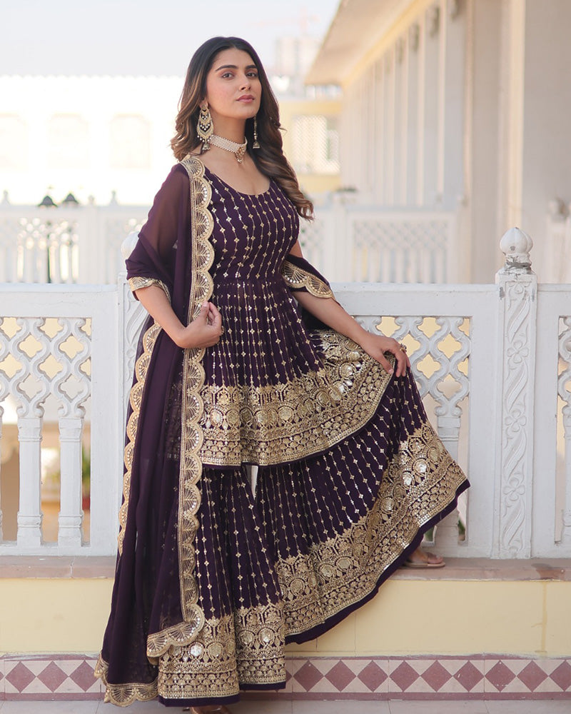 Prithvi Purple Georgette Kurti Sharara Set