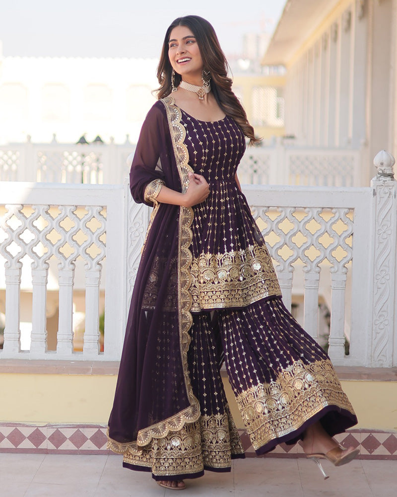 Prithvi Purple Georgette Kurti Sharara Set