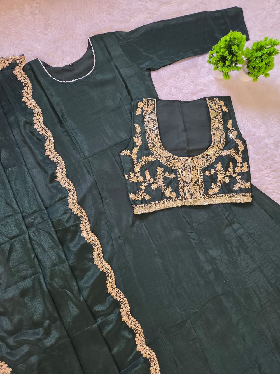 Regal Green Chinon Silk Embroidered With Thread Sequins Work Gown With Dupatta And Koti