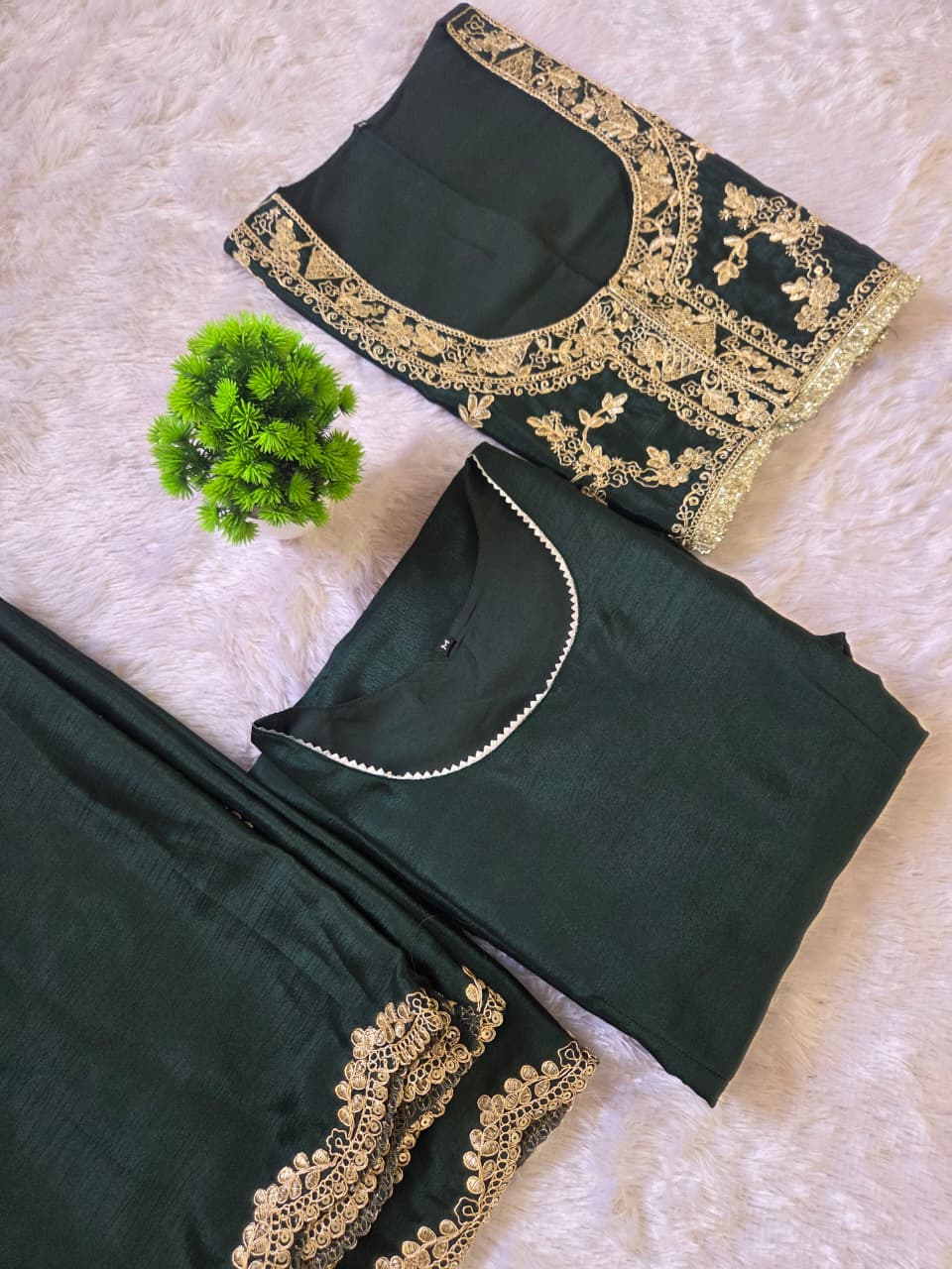 Regal Green Chinon Silk Embroidered With Thread Sequins Work Gown With Dupatta And Koti