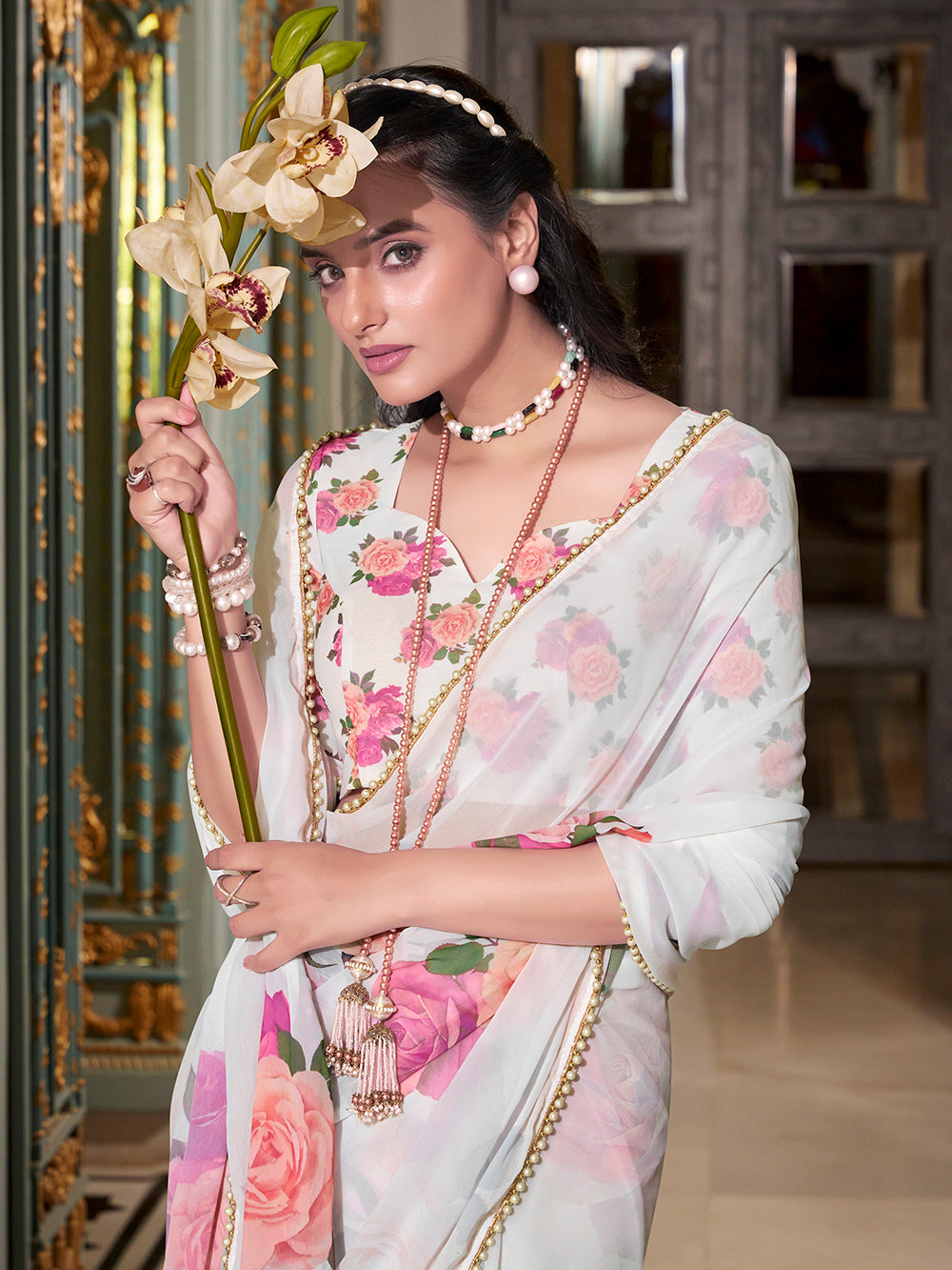 White Georgette Printed Saree with Pearl Lace Border  Elegant Lightweight Saree for Festive & Daily Wear