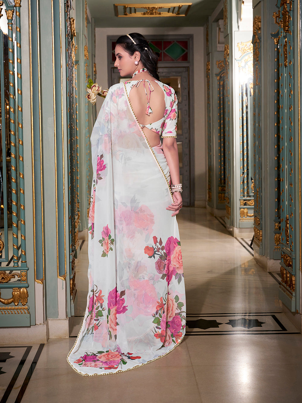 White Georgette Printed Saree with Pearl Lace Border  Elegant Lightweight Saree for Festive & Daily Wear