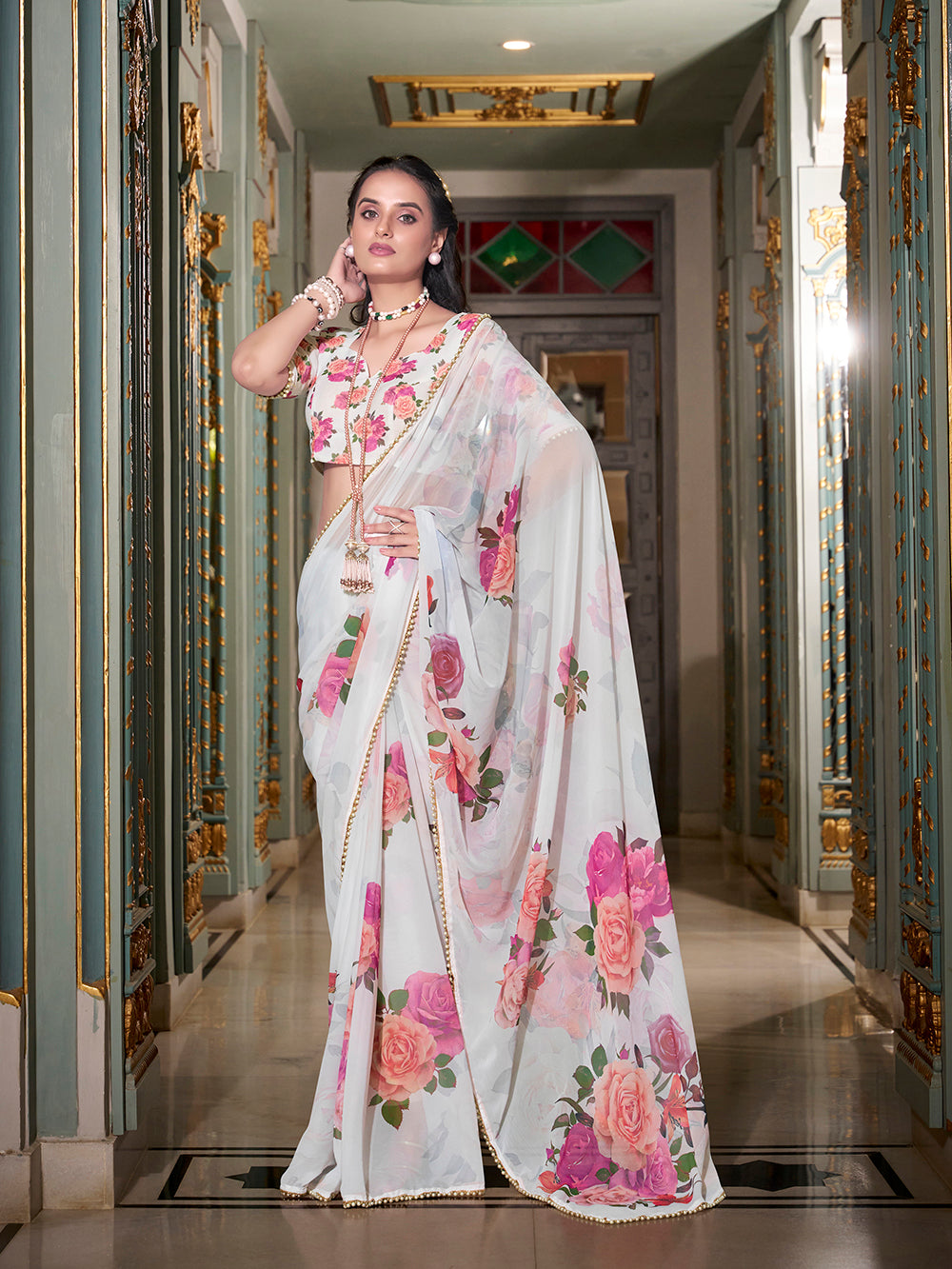 White Georgette Printed Saree with Pearl Lace Border  Elegant Lightweight Saree for Festive & Daily Wear