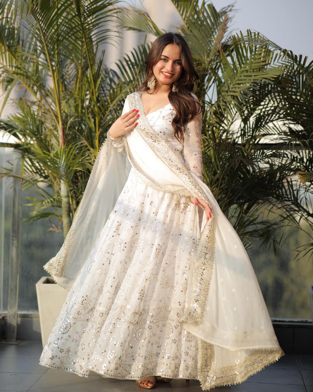 White princess anarkali suit set with golden embroidery