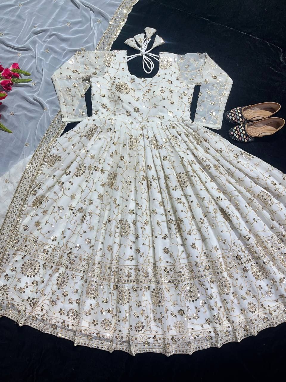 White Princess Anarkali in Golden Embroidery Suit Set – Trinari